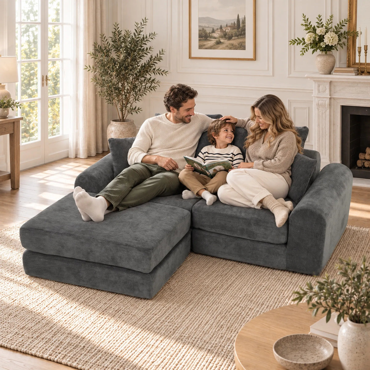Minkštas kampas sofa lova, modulinis, 76 cm sėdynės gylis, tamsiai pilkas