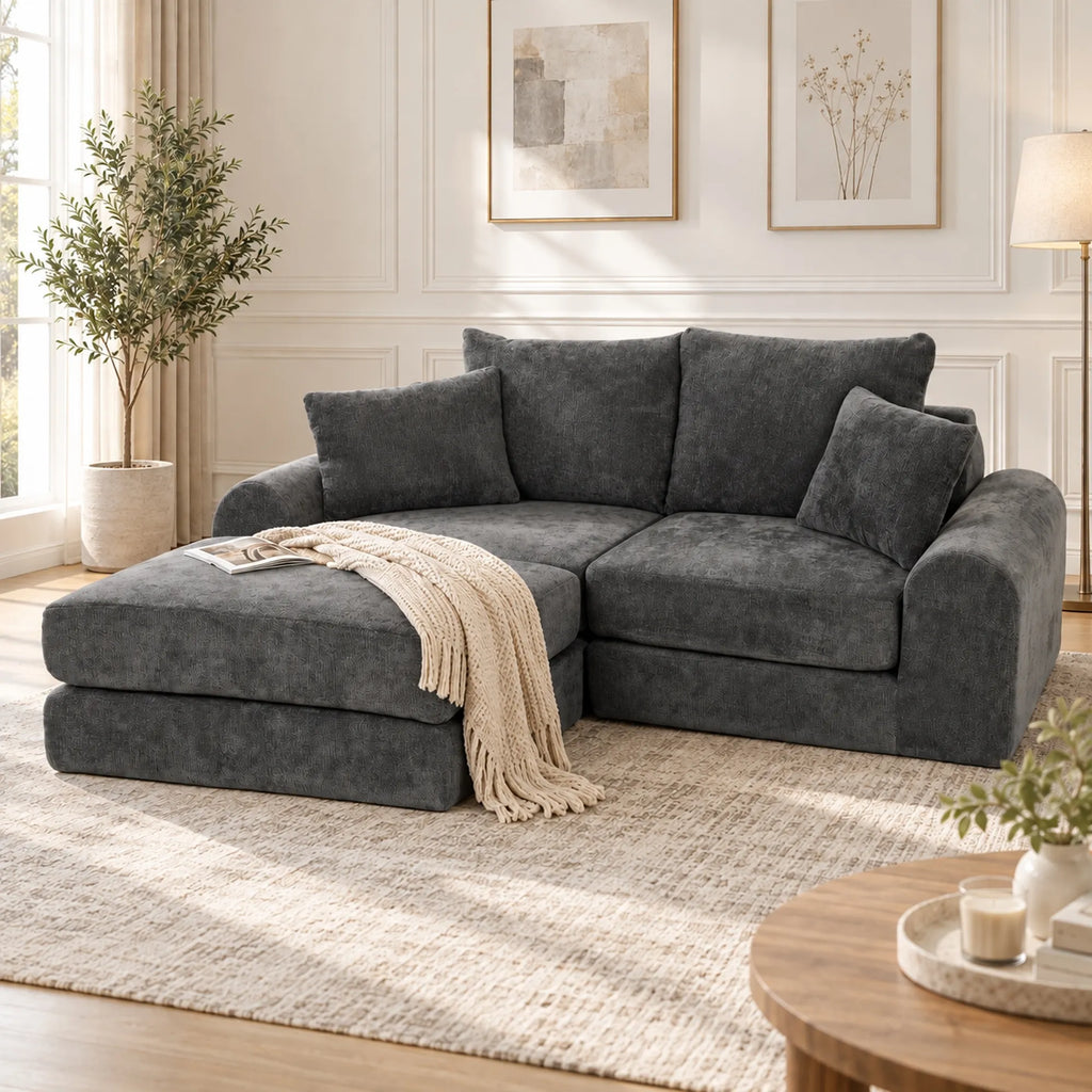 Minkštas kampas sofa lova, modulinis, 76 cm sėdynės gylis, tamsiai pilkas