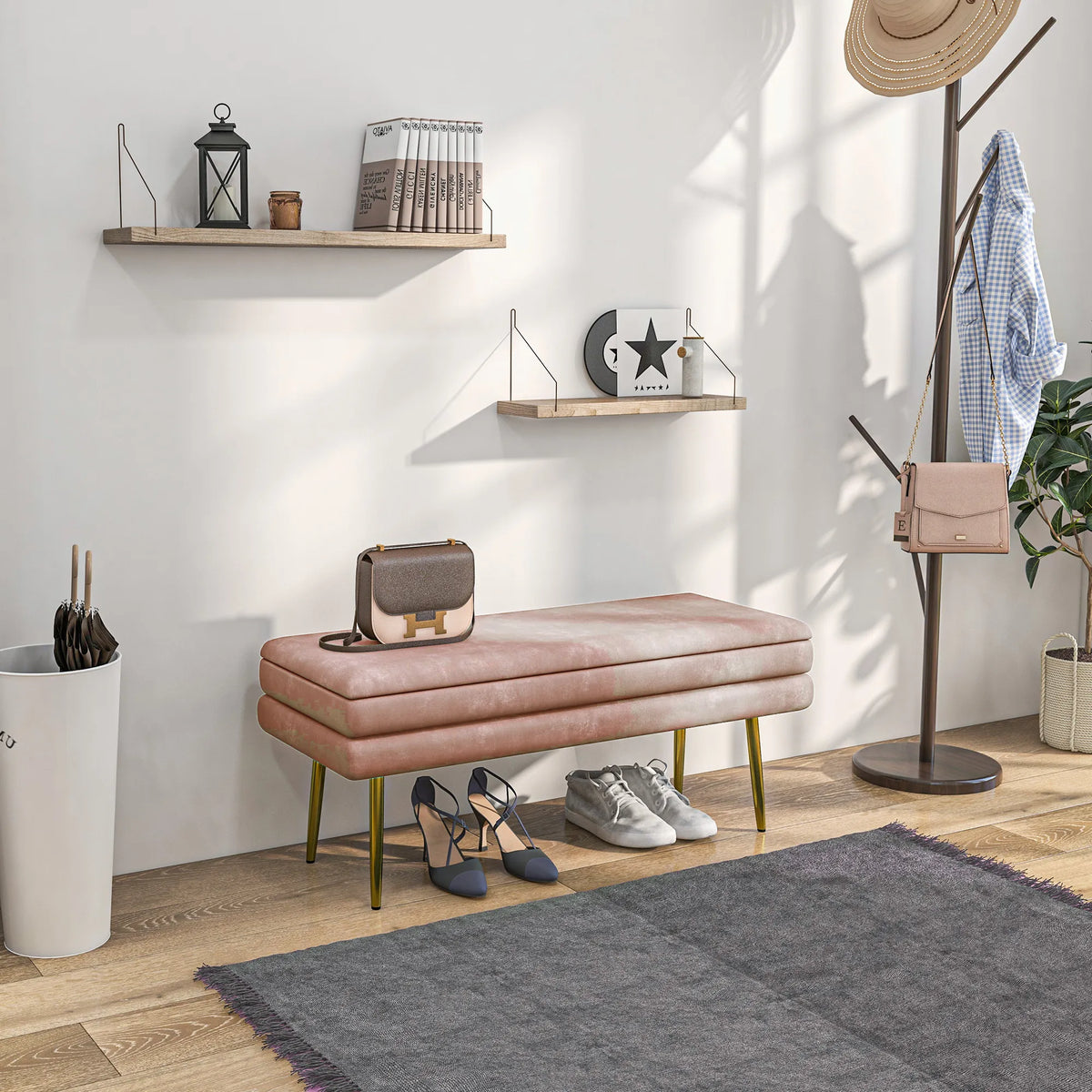 Minkštas suoliukas su daiktadėže, 100 × 37,5 × 42 cm, rožinis