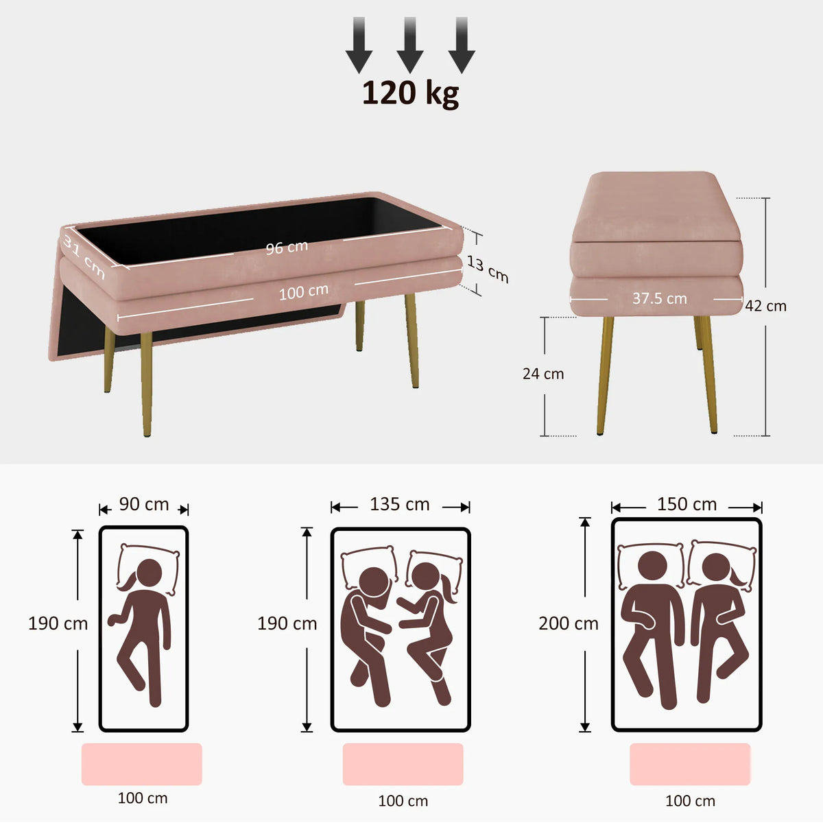 Minkštas suoliukas su daiktadėže, 100 × 37,5 × 42 cm, rožinis