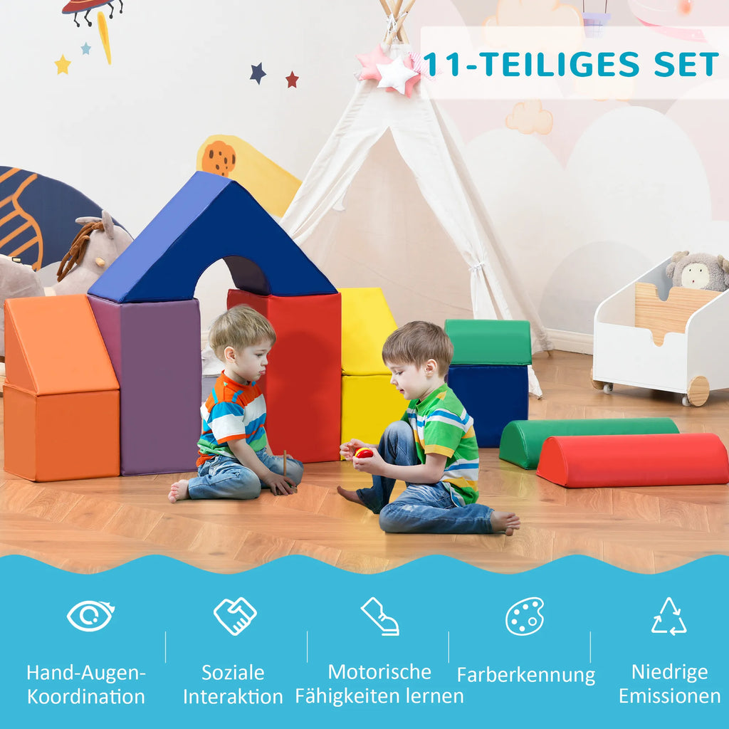 Minkštų kaladėlių rinkinys vaikams, 11 vnt., 1–3 metų vaikams, spalvotas