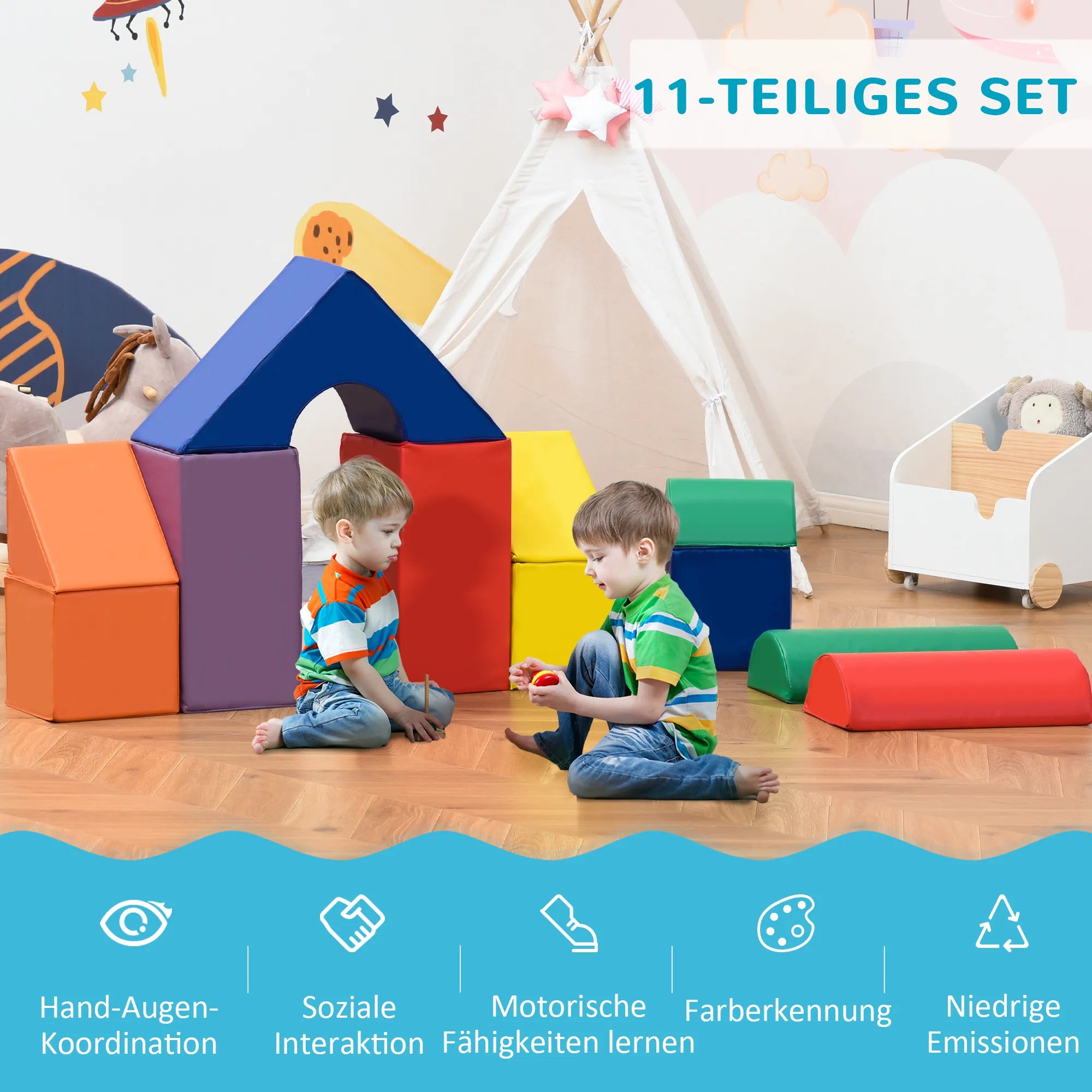 Minkštų kaladėlių rinkinys vaikams, 11 vnt., 1–3 metų vaikams, spalvotas