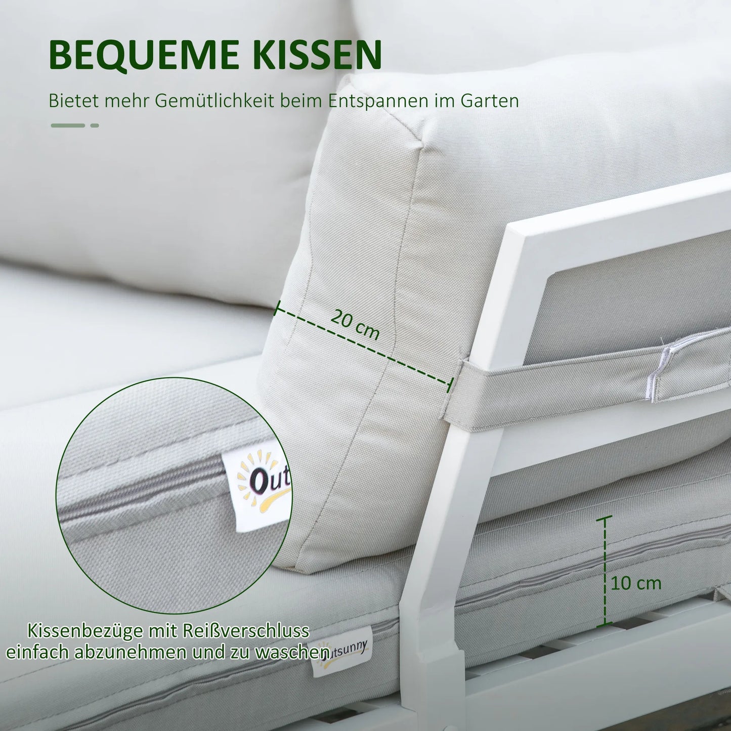 Lauko baldų komplektas 3 asmenims su šoniniu staliuku, L formos sofa su pagalvėlėmis, aliuminio, kreminės baltos spalvos