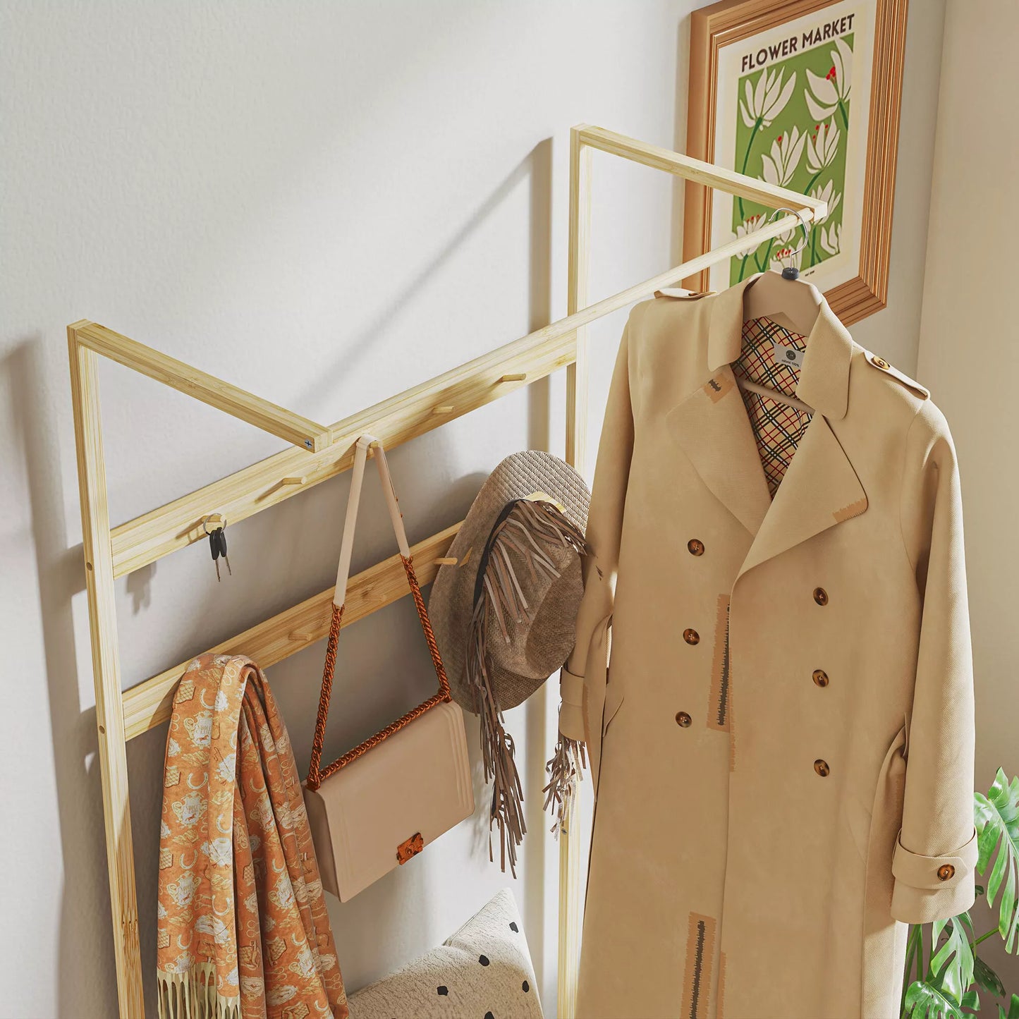 Drabužinė su batų suoliuku, drabužių kabykla, 10 drabužių kabliukų, batų lentyna, bambukas