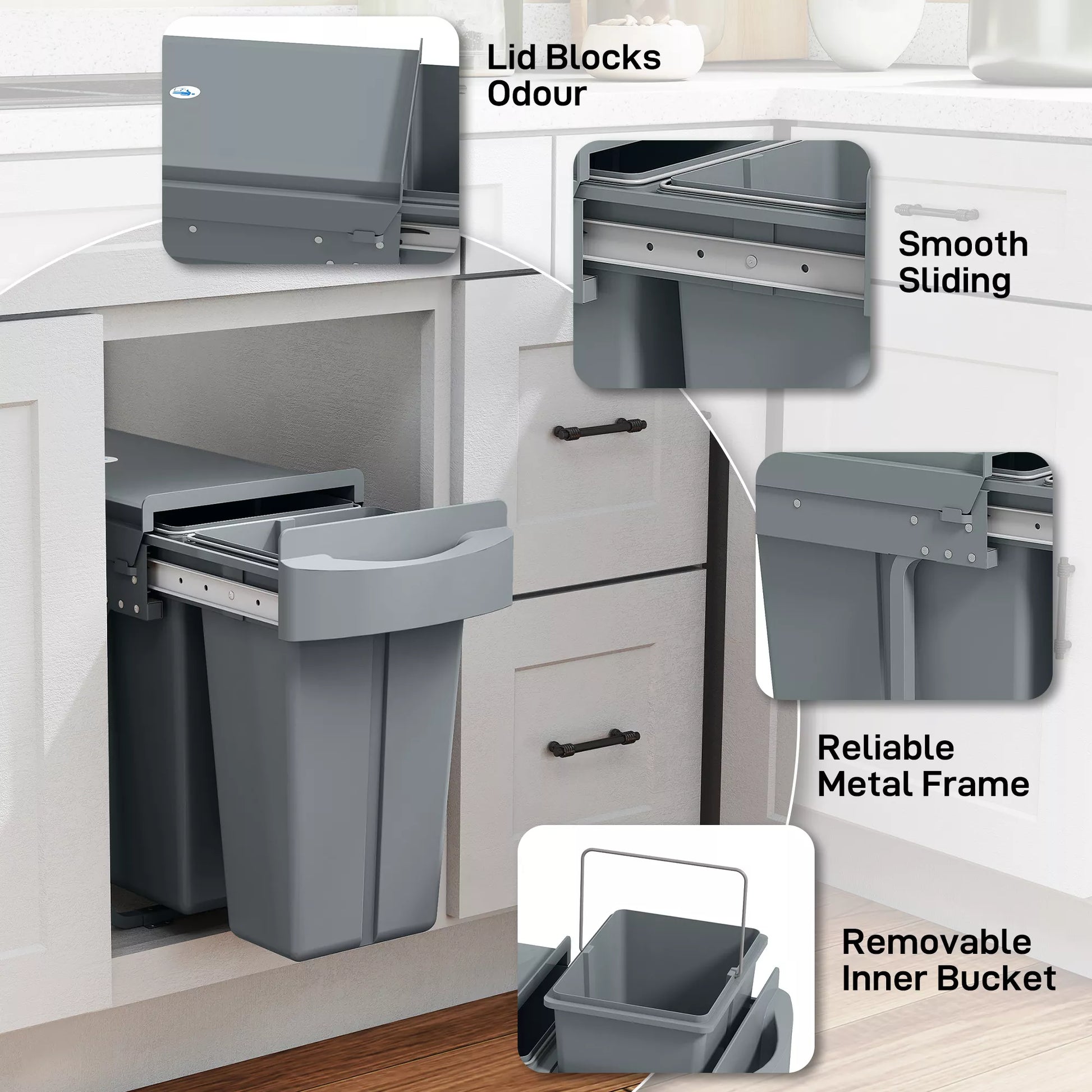 Ištraukiamas šiukšlių konteineris, virtuvės šiukšlių konteineris su 2 išimamais kibirais, rankena, 30 litrų (20 l + 10 l), metalas, pilkos spalvos