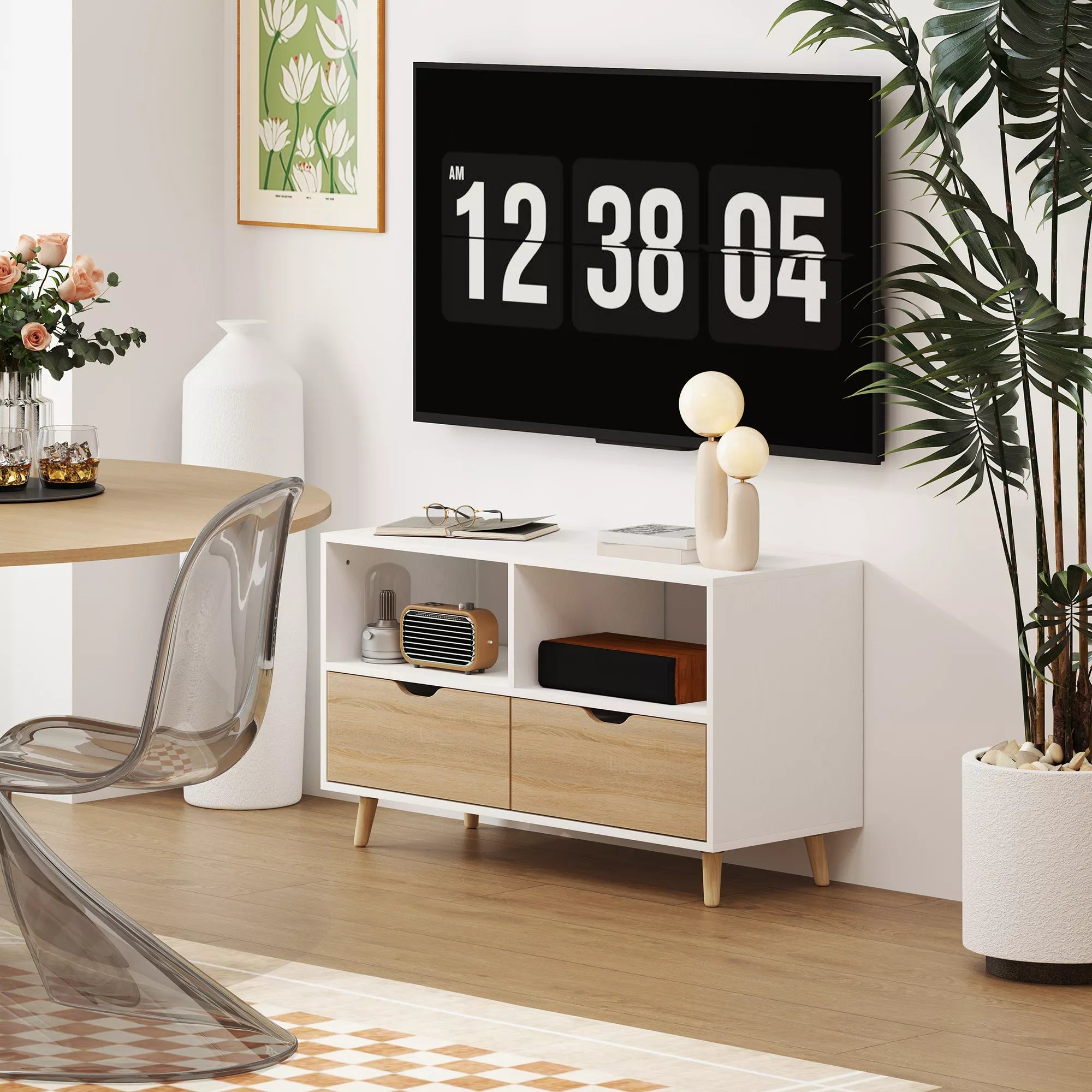 TV spintelė, TV komoda su stalčiais, atviros lentynos, mediena, 99 x 39 x 58 cm, balta