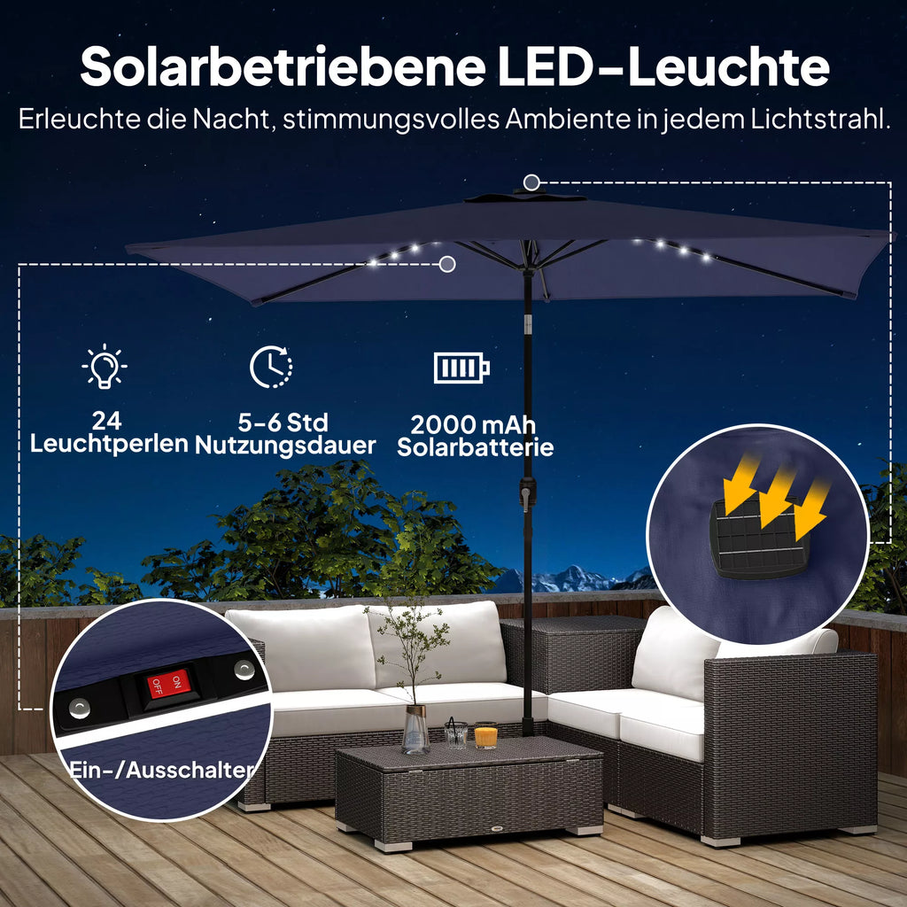 Saulės skėtis LED Solar, apie 300 x 200 cm, sulankstomas balkono skėtis su rankena, apsauginis apvalkalas, UV apsauga, pasukamas, tamsiai mėlynos spalvos