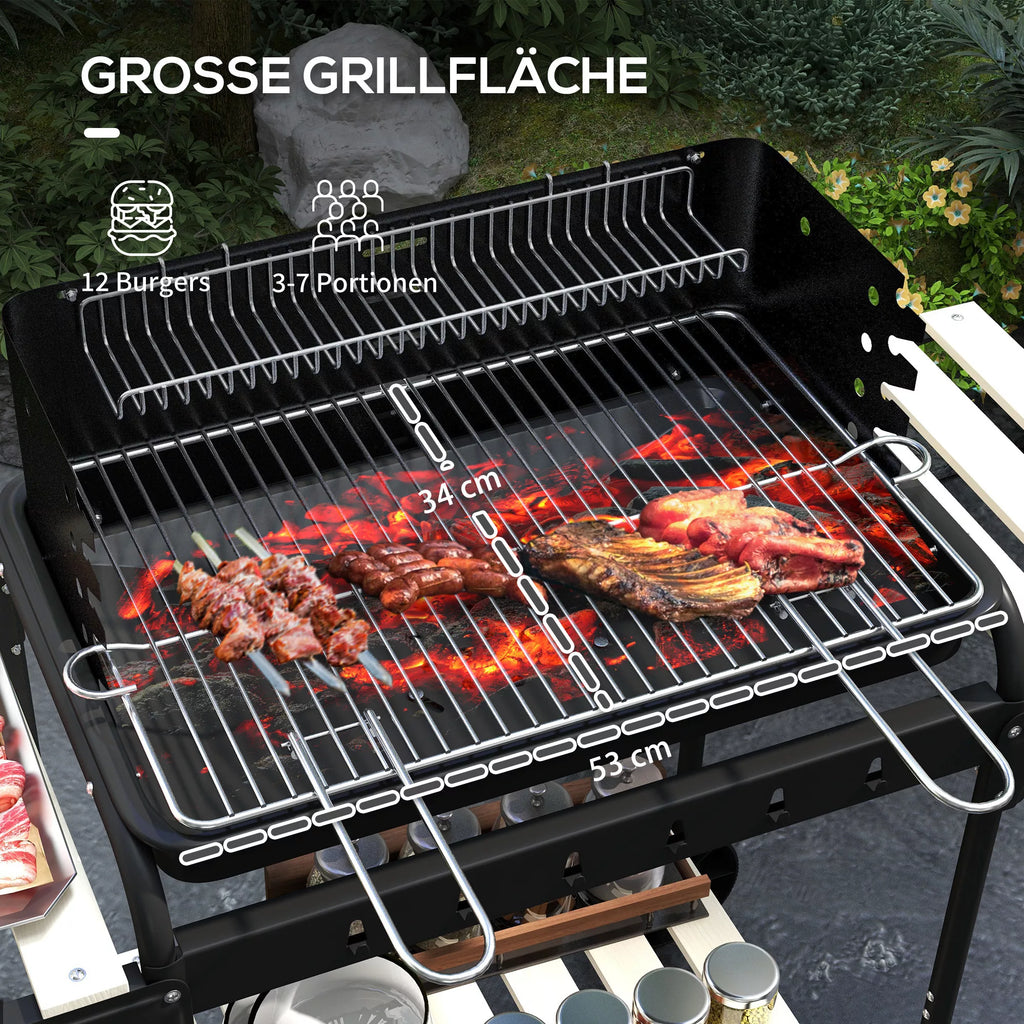 Metalinis anglies grilis BBQ Smoker su ratukais, aukščio reguliuojamas grotelių aukštis, medienos dėklas 103x47x95 cm Juodas