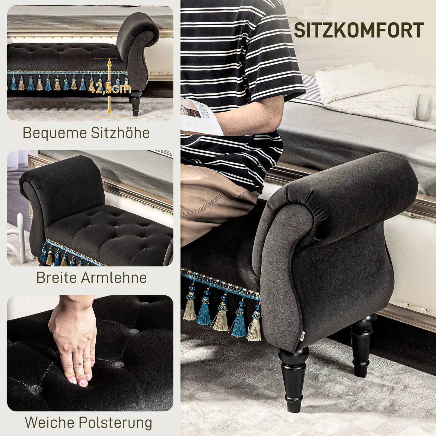 Minkštasuolis, sėdimasis suolas, vintažinis dizainas, iki 150 kg, 117x40x58 cm, tamsiai pilkas