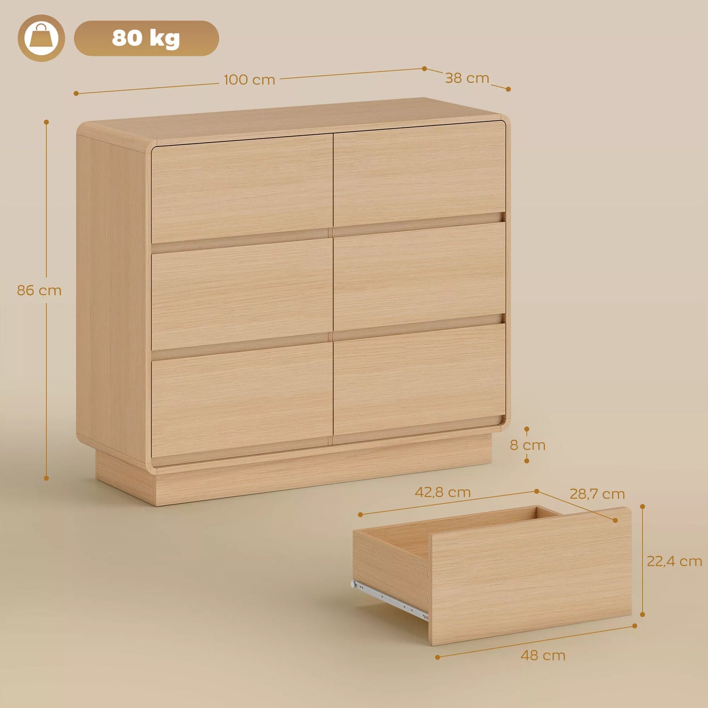 100 cm komoda, bufeto spintelė su 6 stalčiais, komoda virtuvei, svetainei, valgomajam, natūrali mediena