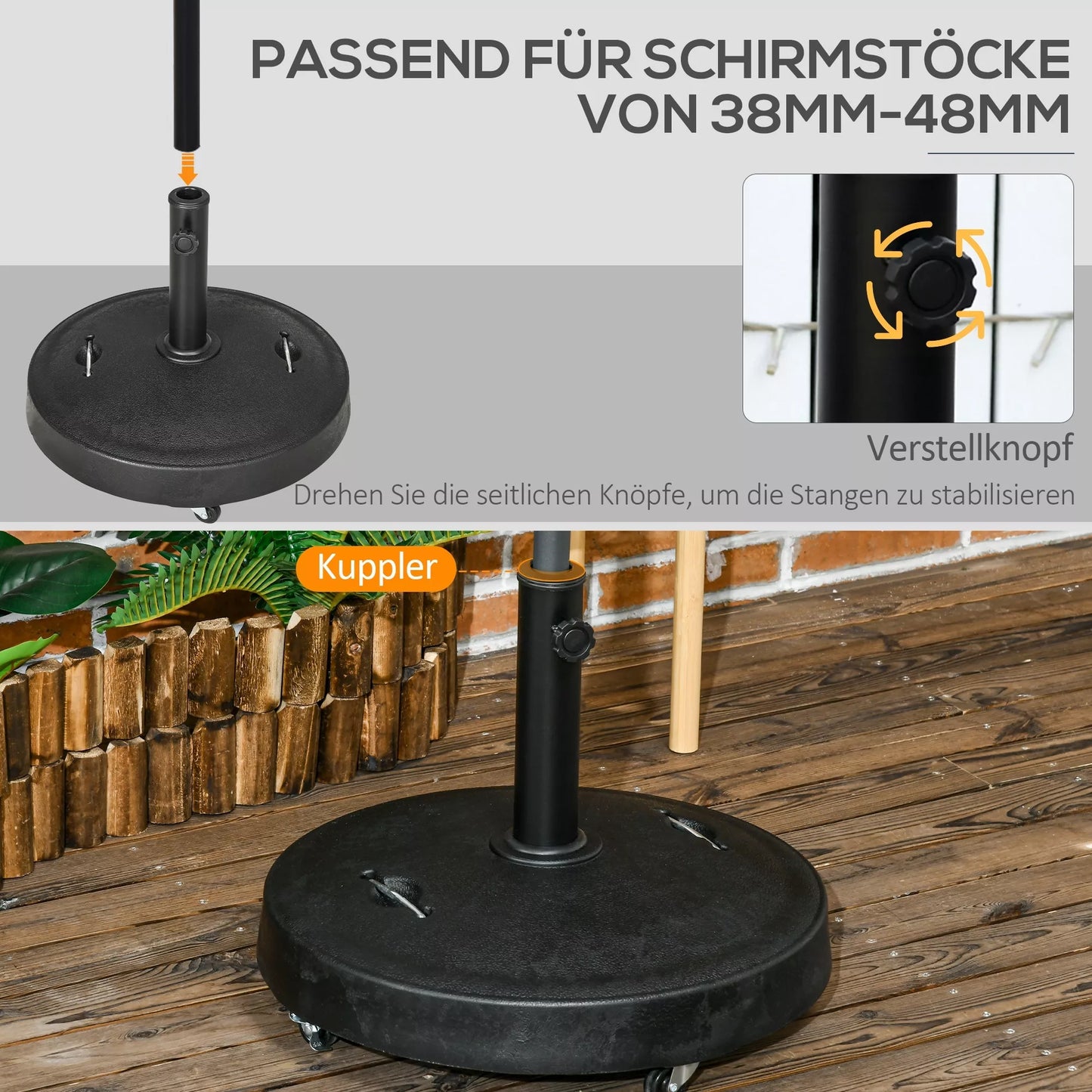 Skėčių stovas Skėčių padas Skėčių laikiklis, atsparus atmosferos poveikiui, su ratukais, Ø53 x 41H cm, juodas