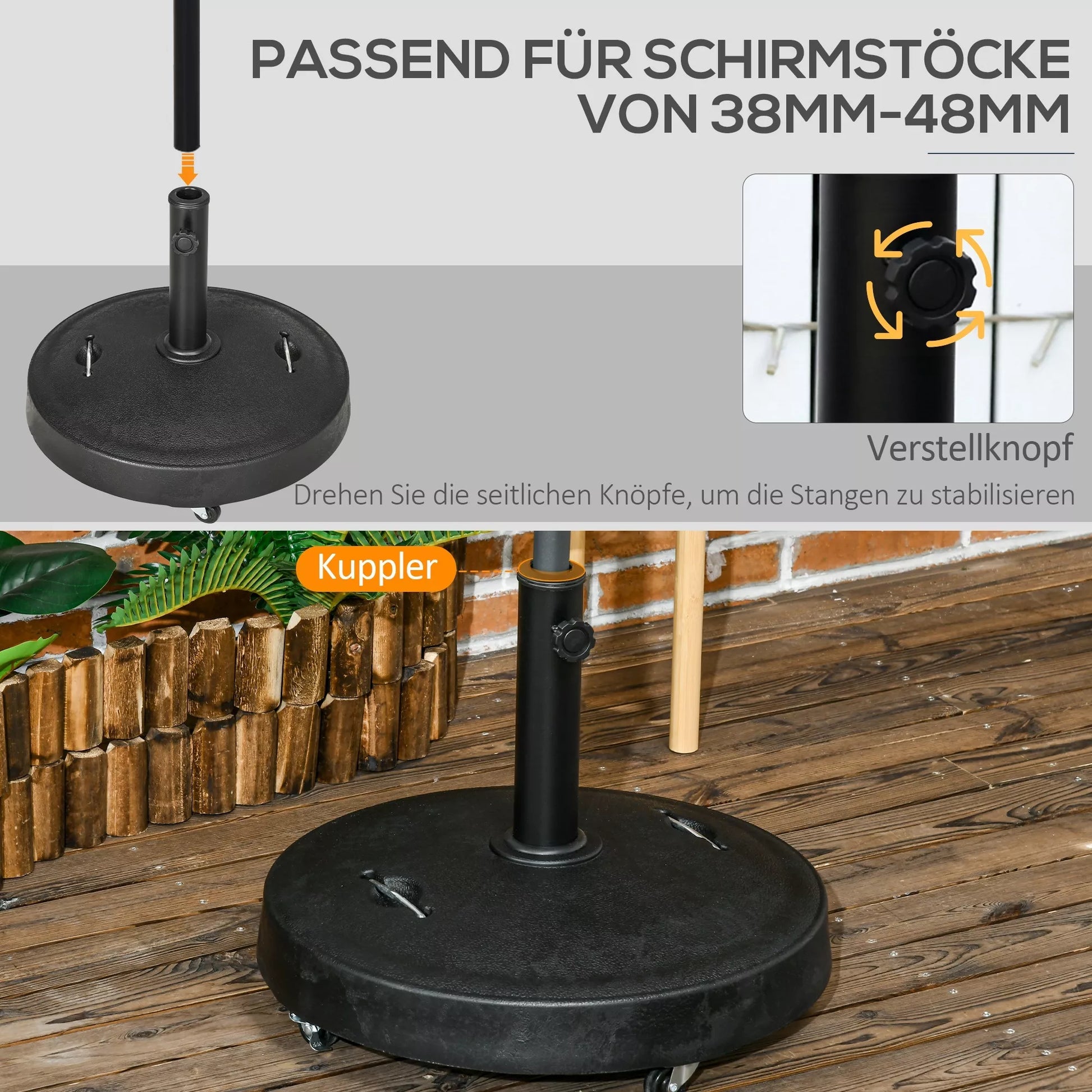 Skėčių stovas Skėčių padas Skėčių laikiklis, atsparus atmosferos poveikiui, su ratukais, Ø53 x 41H cm, juodas