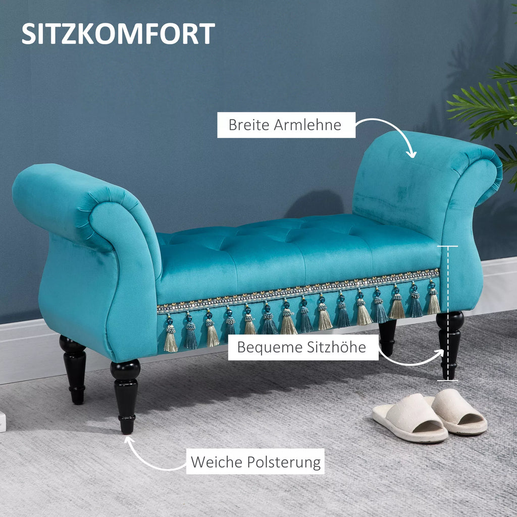 Sėdimoji sofa su aksomo apmušalu, porankiais, mediniu rėmu, batų dėžė miegamajam, svetainei, prieškambariui 117 x 40 x 58 cm Mėlyna