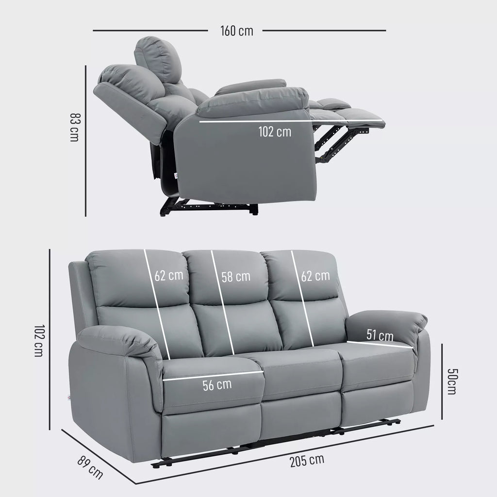 3 vietų sofa, kairė ir dešinė sėdynės atlenkiamos, reguliuojama atrama kojoms, dirbtinės odos apmušalas, skirta svetainei, tamsiai pilka