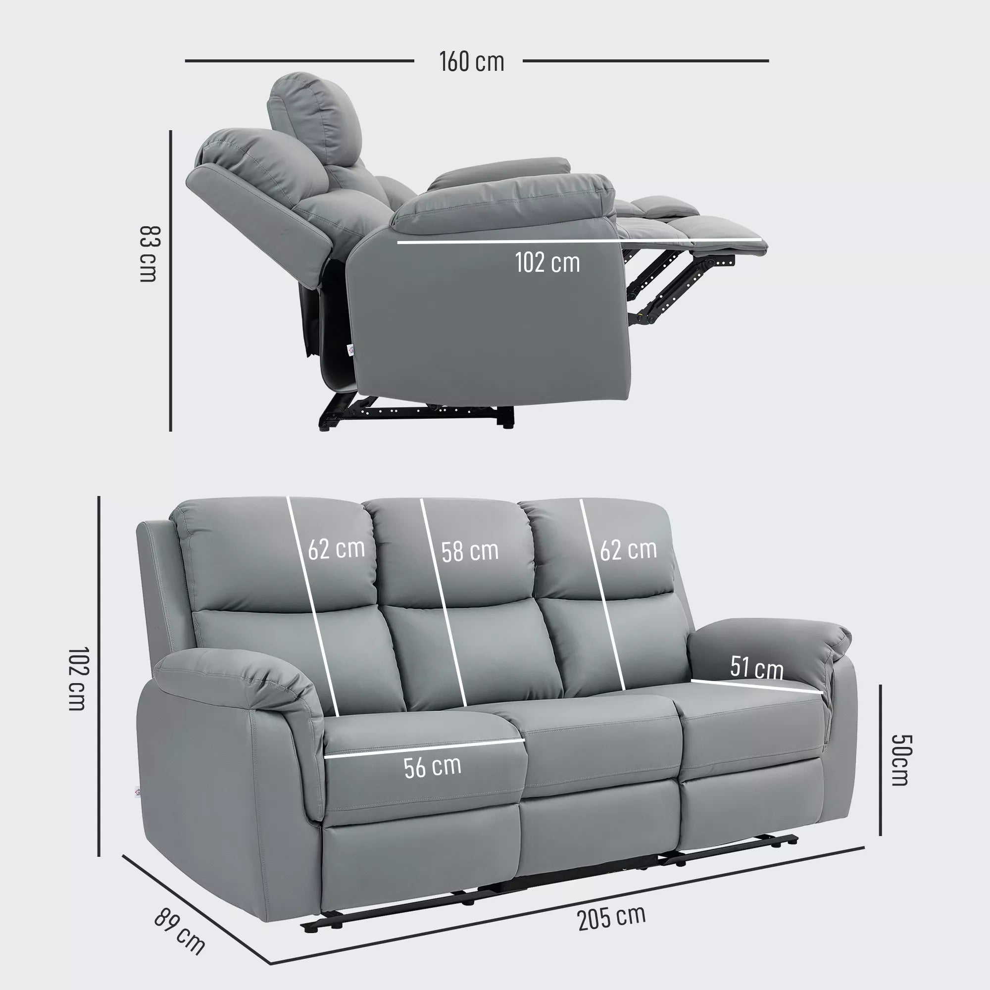 3 vietų sofa, kairė ir dešinė sėdynės atlenkiamos, reguliuojama atrama kojoms, dirbtinės odos apmušalas, skirta svetainei, tamsiai pilka
