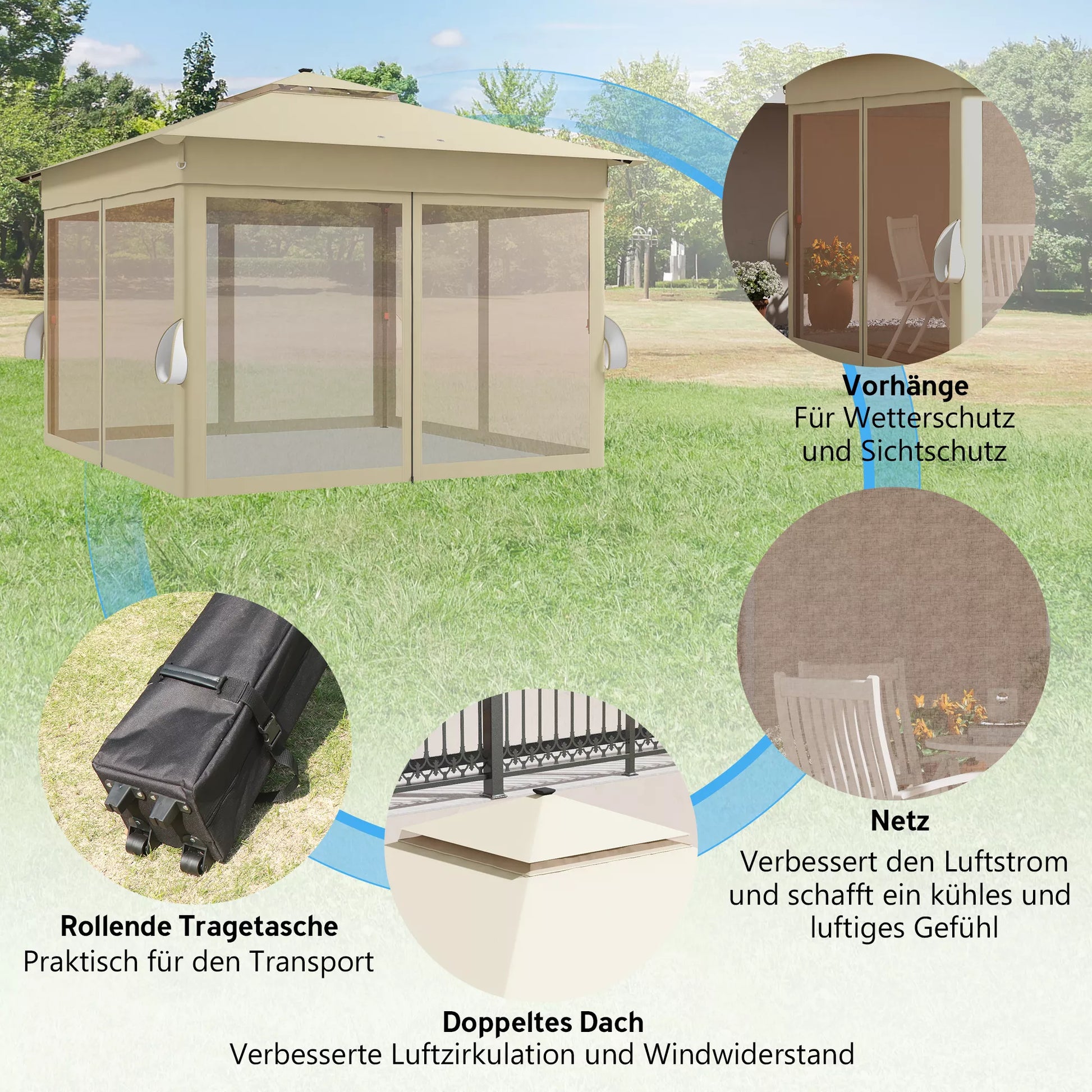 Paviljonas 3,3x3,3 m Vandeniui atsparus išskleidžiamas paviljonas su LED apšvietimu, dvigubu stogu, moskitų tinkleliu, 4 šoninėmis dalimis ir maišeliu