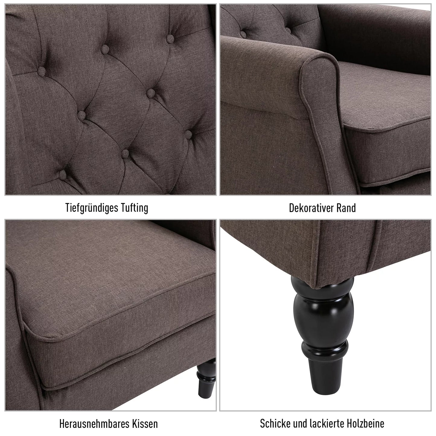 HOMCOM Minkštas krėslas su kapitoniniu dygsniu, aukšta atlošo atrama, apmuštas, poilsio krėslas su užapvalintais porankiais, medinės kojos, miegamajam, svetainei, iki 160 kg, rudas