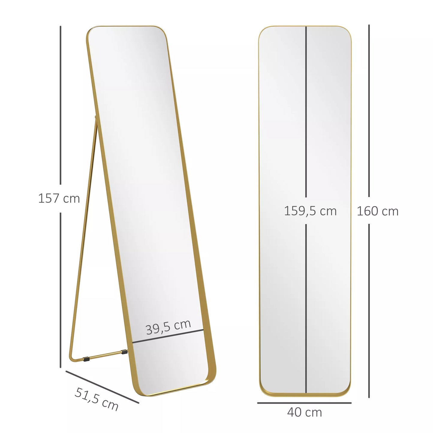 Visą kūną atspindintis veidrodis, laisvai stovintis, pakreipiamas, metalinis rėmas, MDF, 160 x 40 cm, aukso spalvos