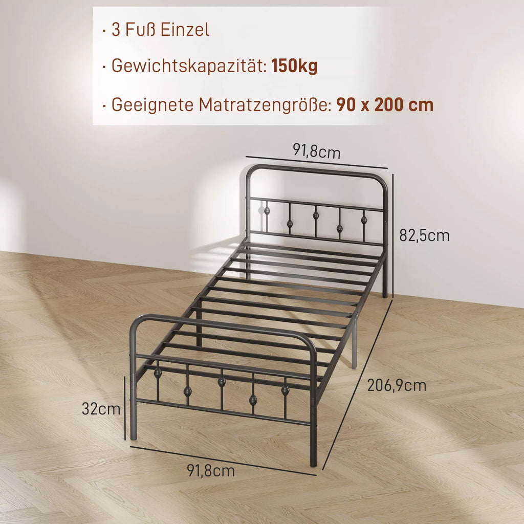 Viengulė metalinė lova 90x200 cm, iki 150 kg, juoda