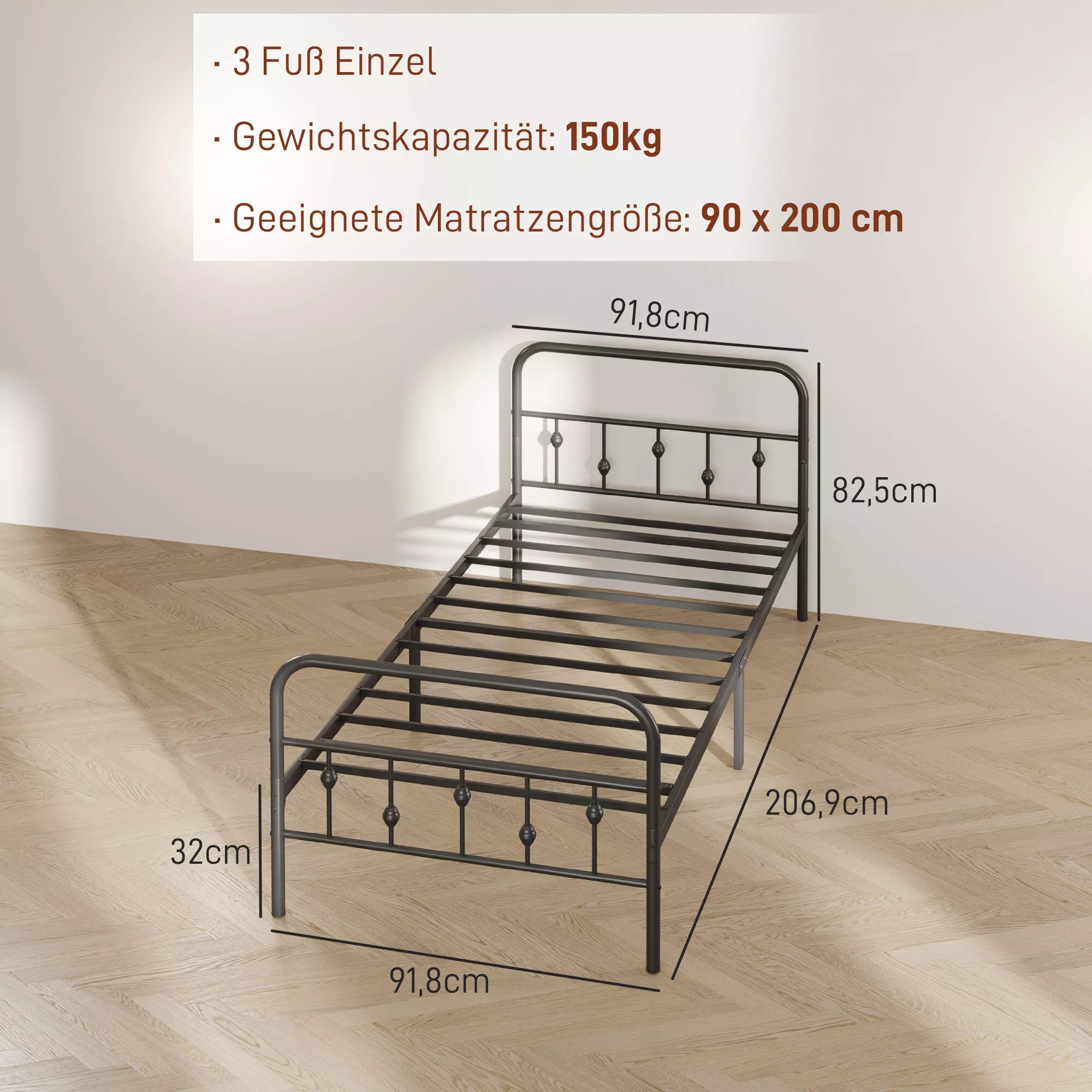 Viengulė metalinė lova 90x200 cm, iki 150 kg, juoda