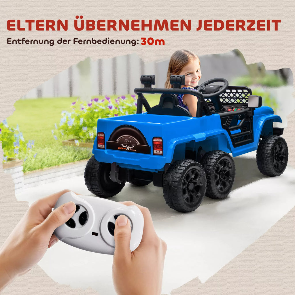 12 V elektrinis vaikų automobilis su priekaba, LED žibintais, muzika ir signaline, skirtas 3–8 metų vaikams, šviesiai mėlynos spalvos