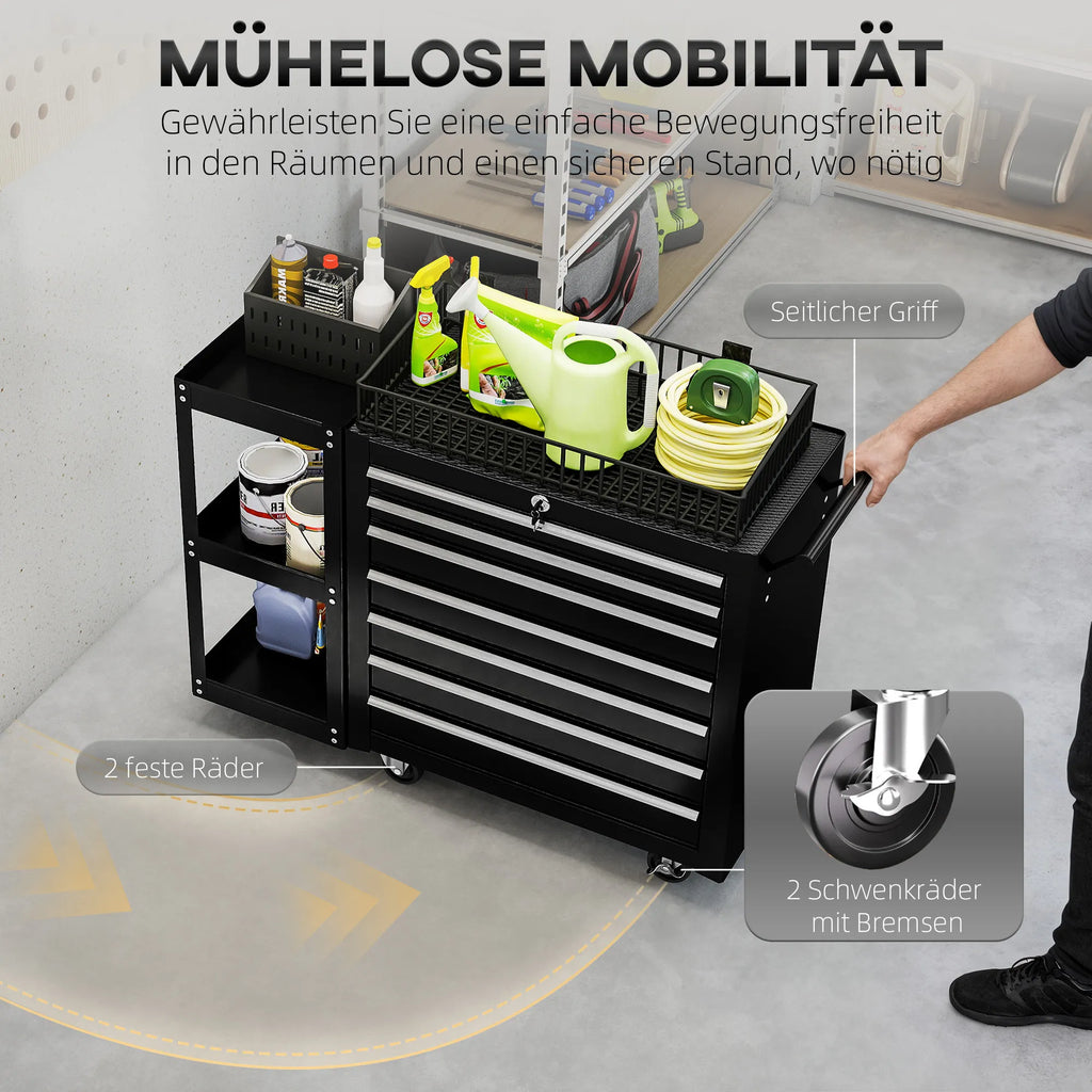 Mobilus įrankių vežimėlis su 7 stalčiais ir lentyna 96x33x75 cm juodas