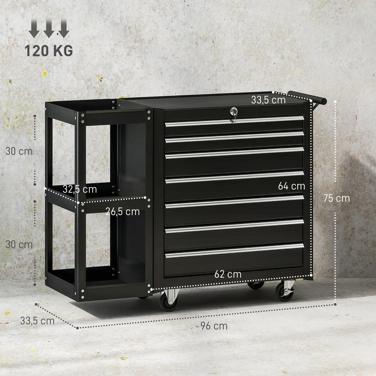 Mobilus įrankių vežimėlis su 7 stalčiais ir lentyna 96x33x75 cm juodas