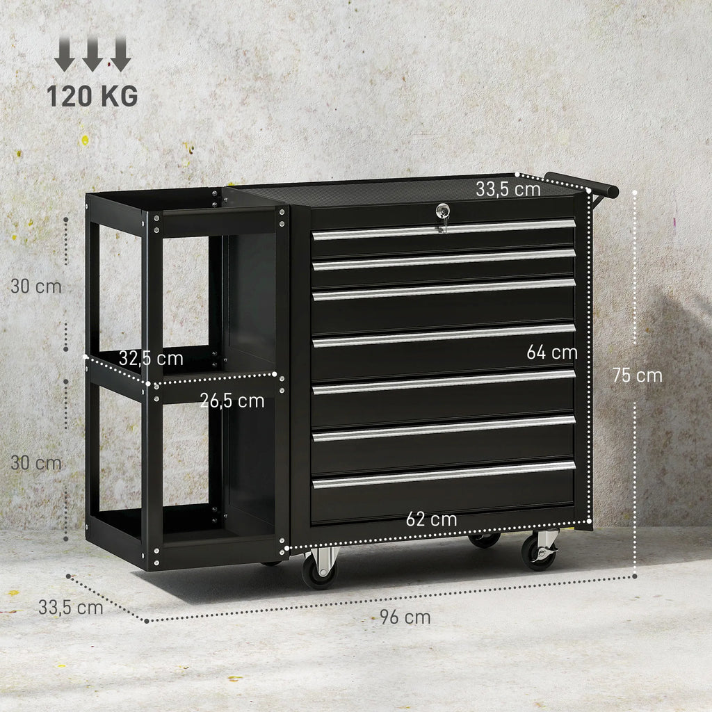 Mobilus įrankių vežimėlis su 7 stalčiais ir lentyna 96x33x75 cm juodas