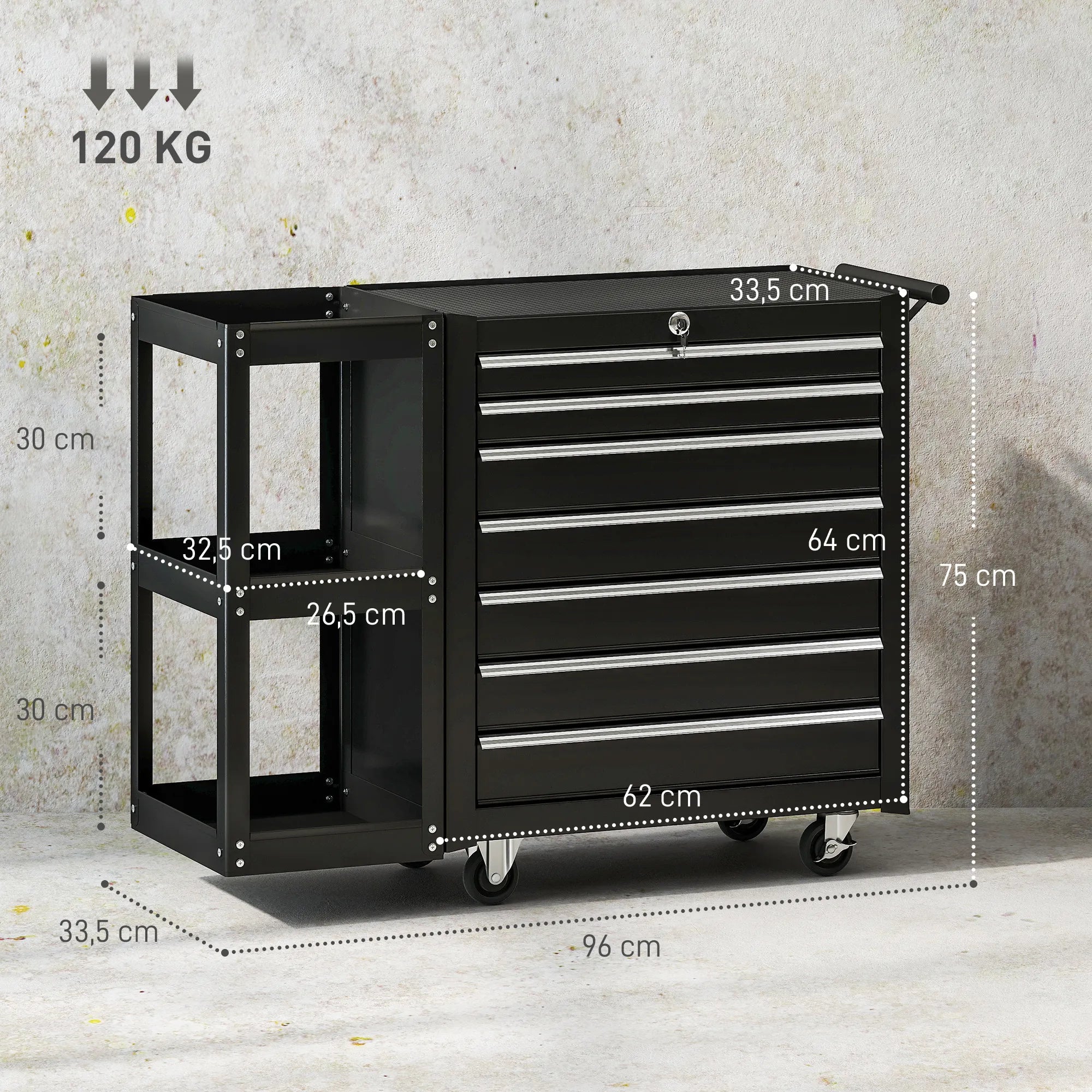 Mobilus įrankių vežimėlis su 7 stalčiais ir lentyna 96x33x75 cm juodas