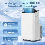 Infografike nurodyta vėsinimo galia, oro srautas ir minimali temperatūra žieminiame fone