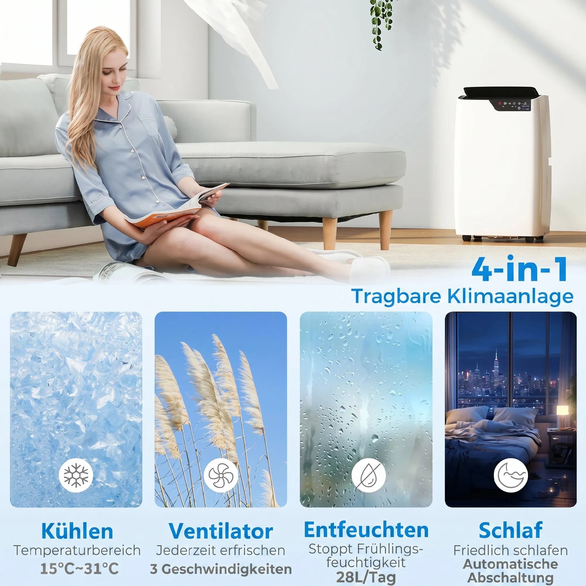 Mobilus oro kondicionierius 12000 BTU, 4-in-1 funkcija, WiFi, valdymo balsu palaikymas, baltas