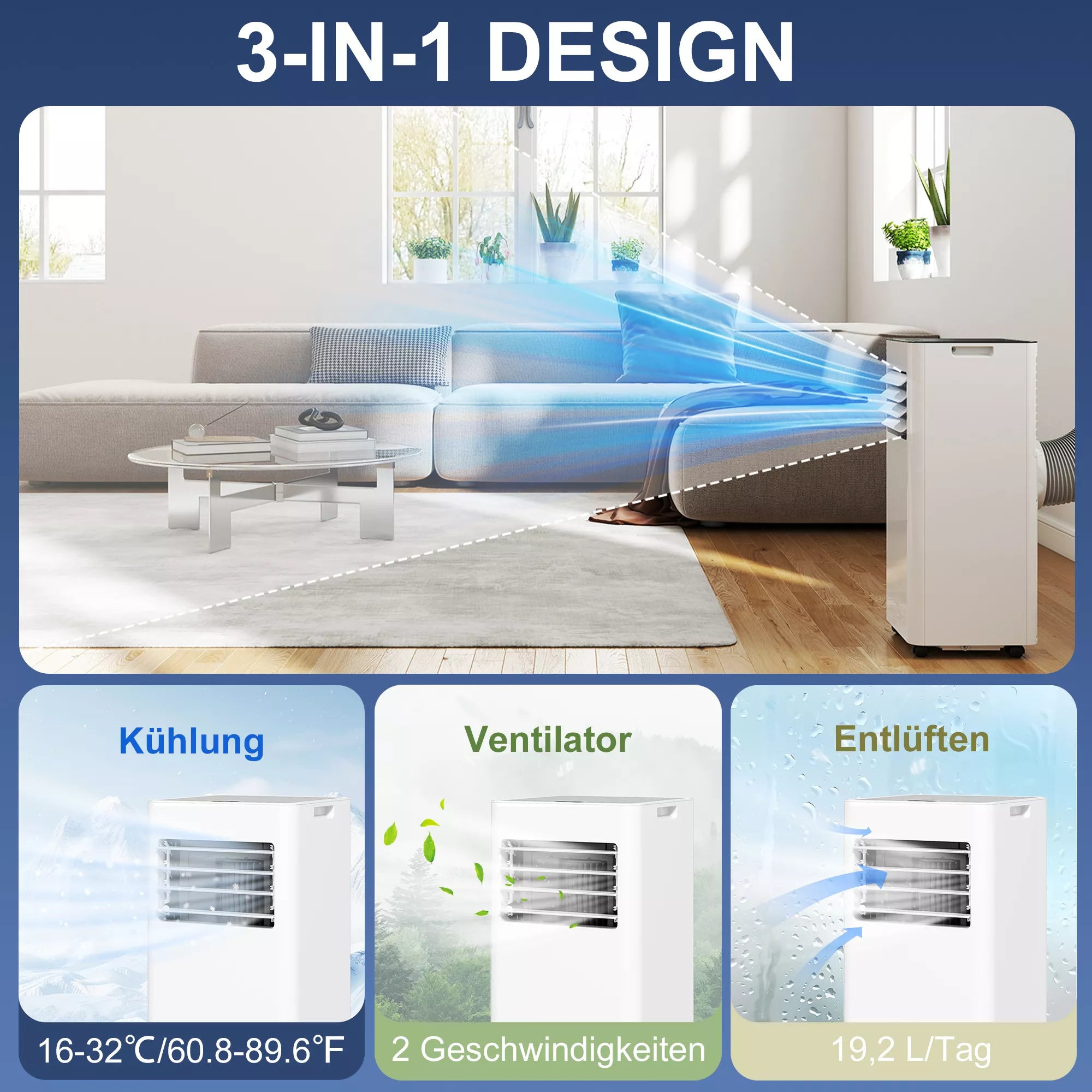 Mobilus oro kondicionierius 3-in-1 su ventiliatoriumi ir laikmačiu, baltas