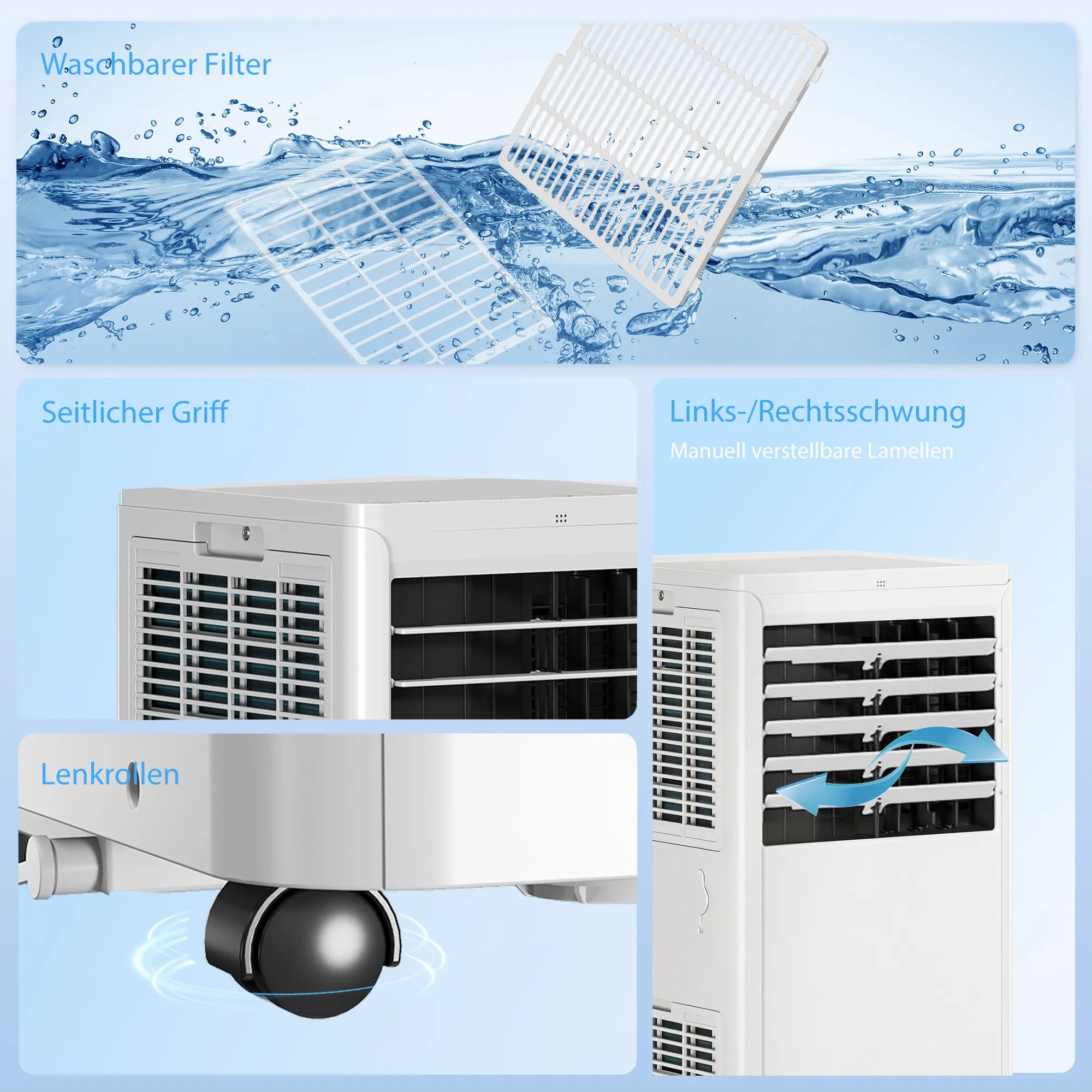 Mobilus oro kondicionierius 9000 BTU 4-in-1 su ventiliatoriumi ir sausintuvu baltas