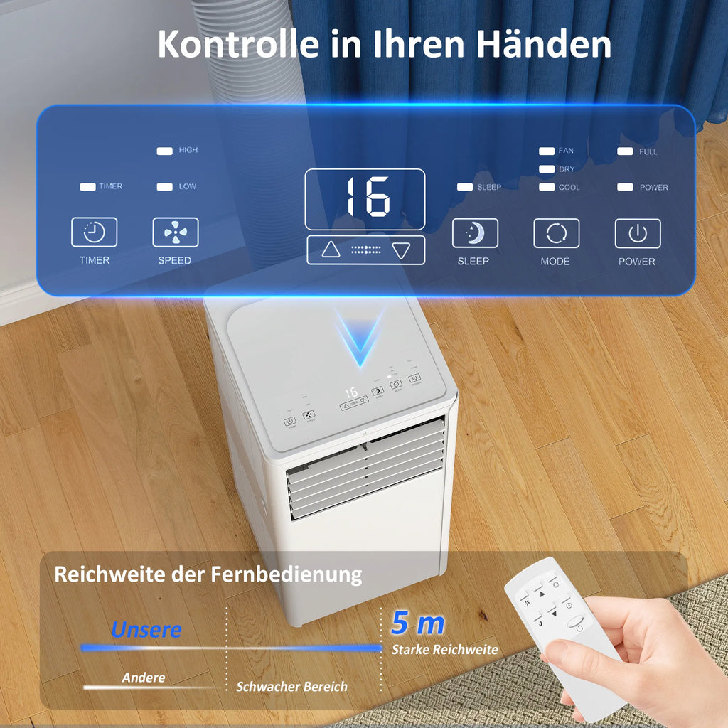 Mobilus oro kondicionierius 9000 BTU 4-in-1 su ventiliatoriumi ir sausintuvu baltas