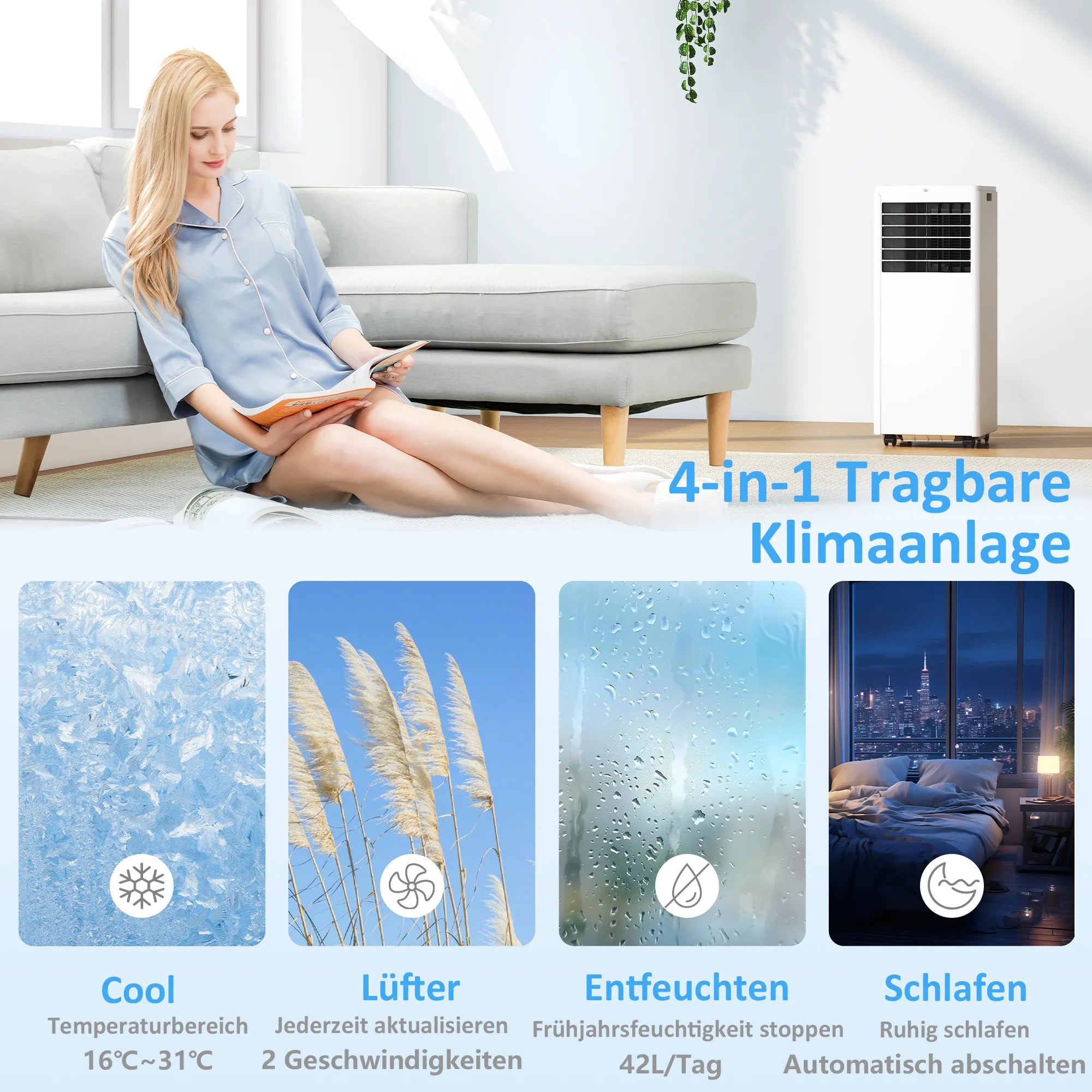 Mobilus oro kondicionierius 9000 BTU 4-in-1 su ventiliatoriumi ir sausintuvu baltas