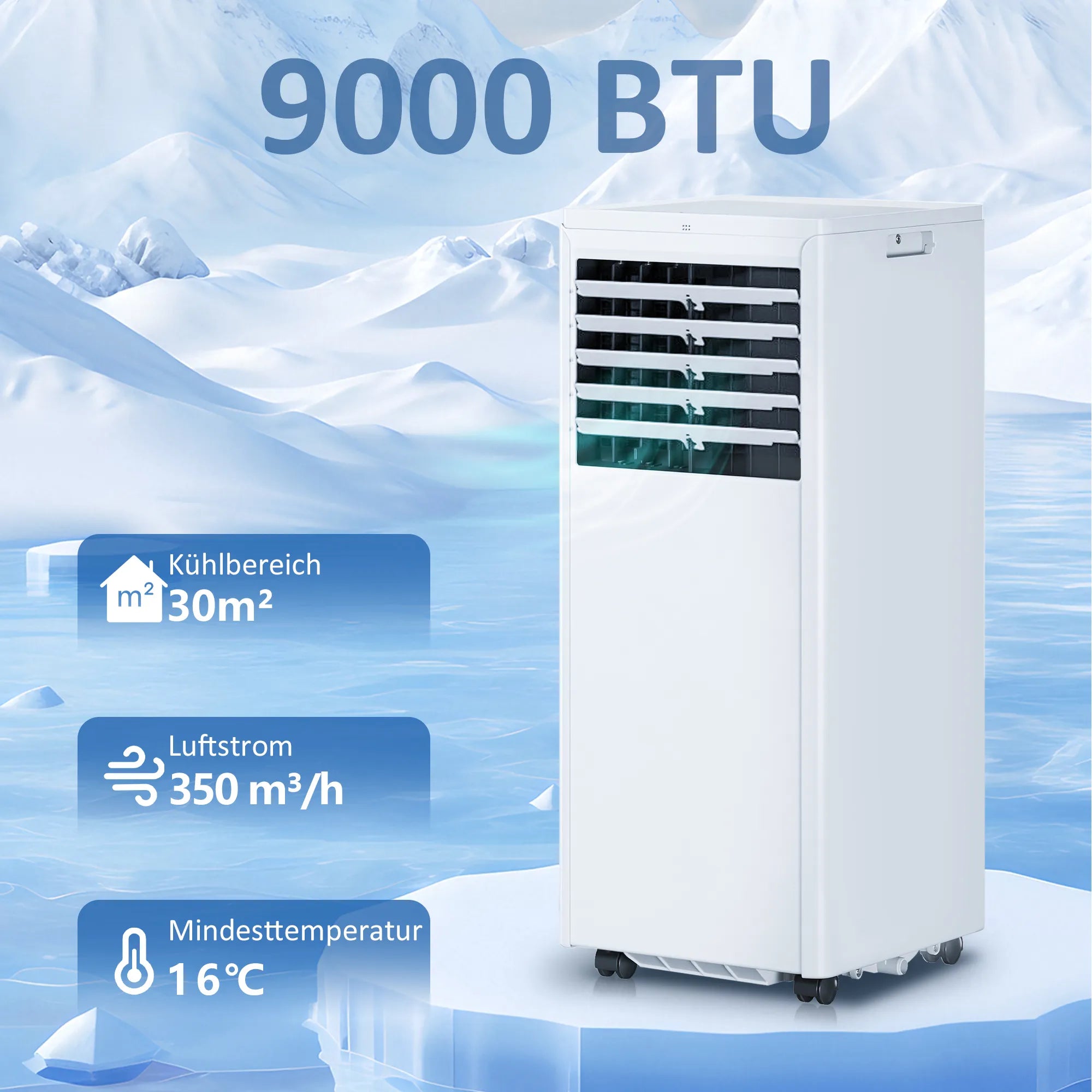 Mobilus oro kondicionierius 9000 BTU 4-in-1 su ventiliatoriumi ir sausintuvu baltas
