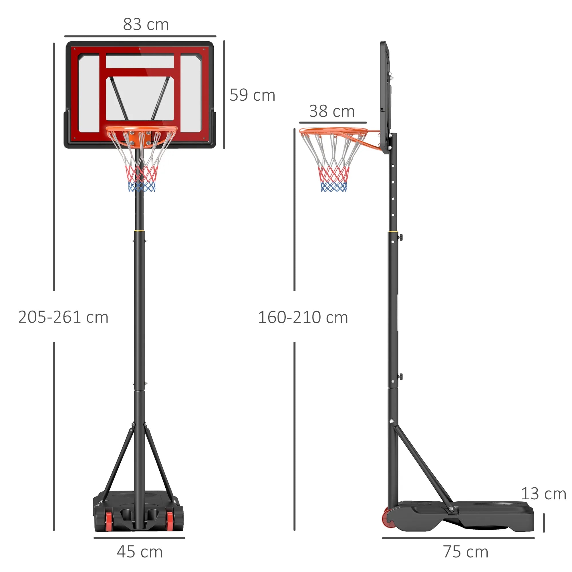 Mobilus reguliuojamo aukščio krepšinio stovas su ratukais, laisvai pastatomas, plastikas/plienas, 205–261 cm