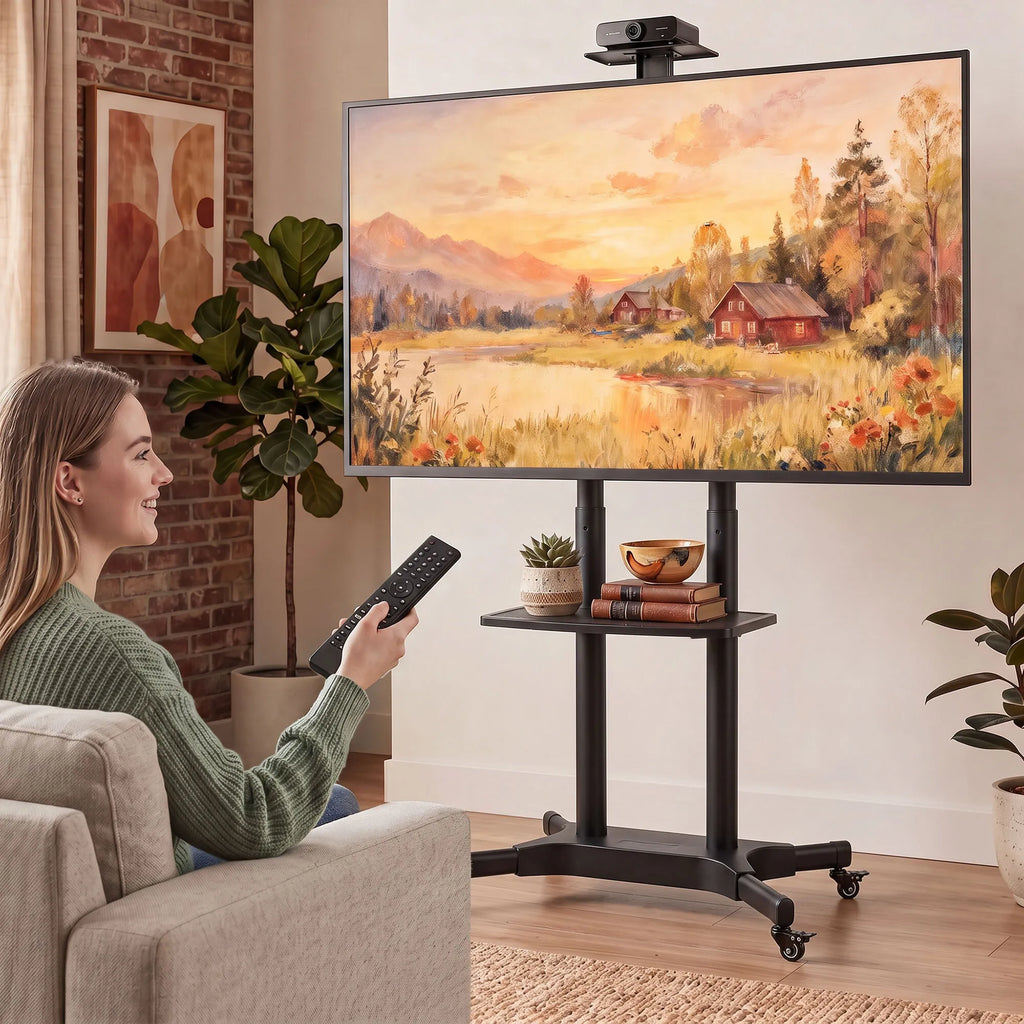 Mobilus TV stovas 32–75 colių televizoriams, reguliuojamo aukščio, su 2 lentynomis, juodas