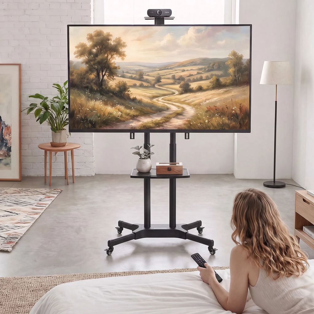 Mobilus TV stovas 32–75 colių televizoriams, reguliuojamo aukščio, su 2 lentynomis, juodas