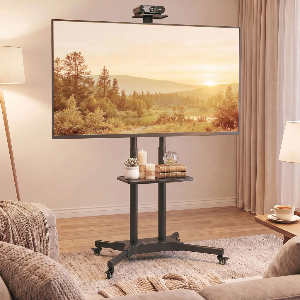 Mobilus TV stovas 32–75 colių televizoriams, reguliuojamo aukščio, su 2 lentynomis, juodas