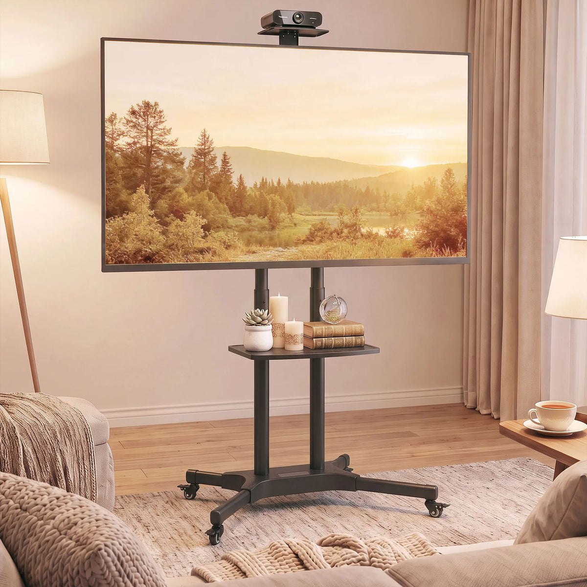 Mobilus TV stovas 32–75 colių televizoriams, reguliuojamo aukščio, su 2 lentynomis, juodas