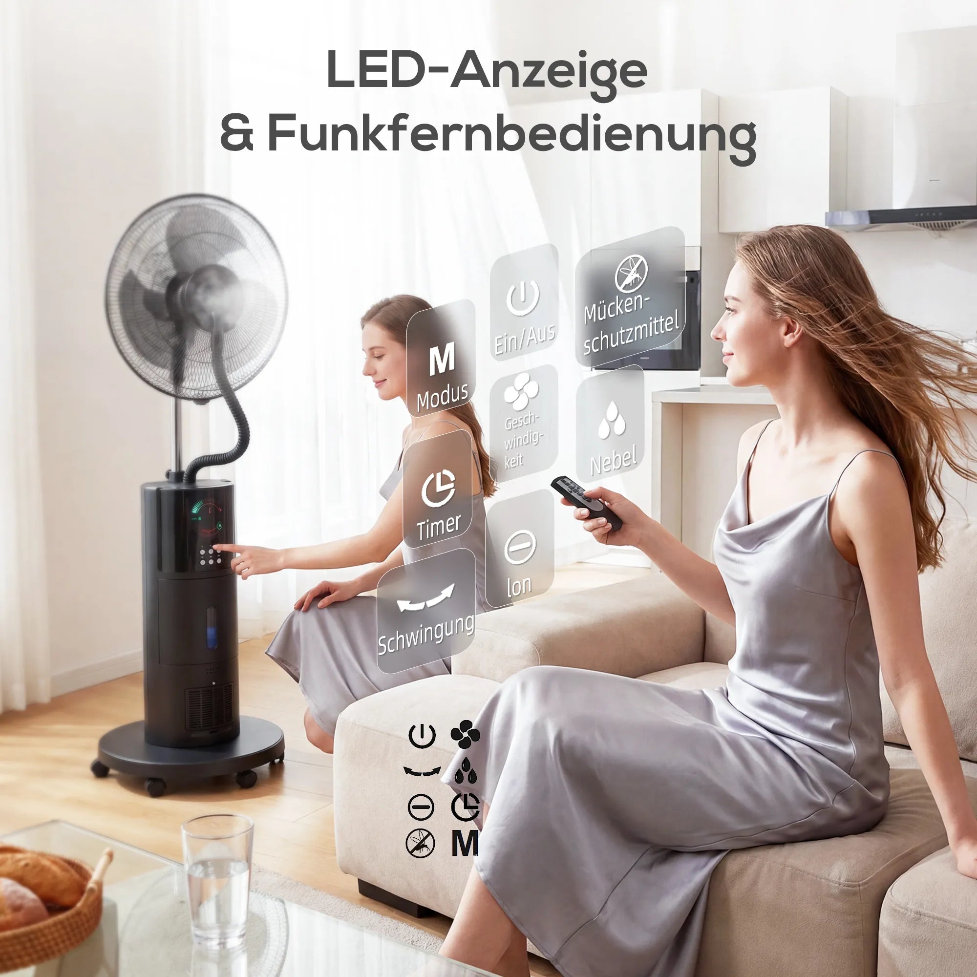 Mobilus ventiliatorius 4-in-1, su drėkinimu, 2,3 l talpa, 100 W, juodas su ratukais