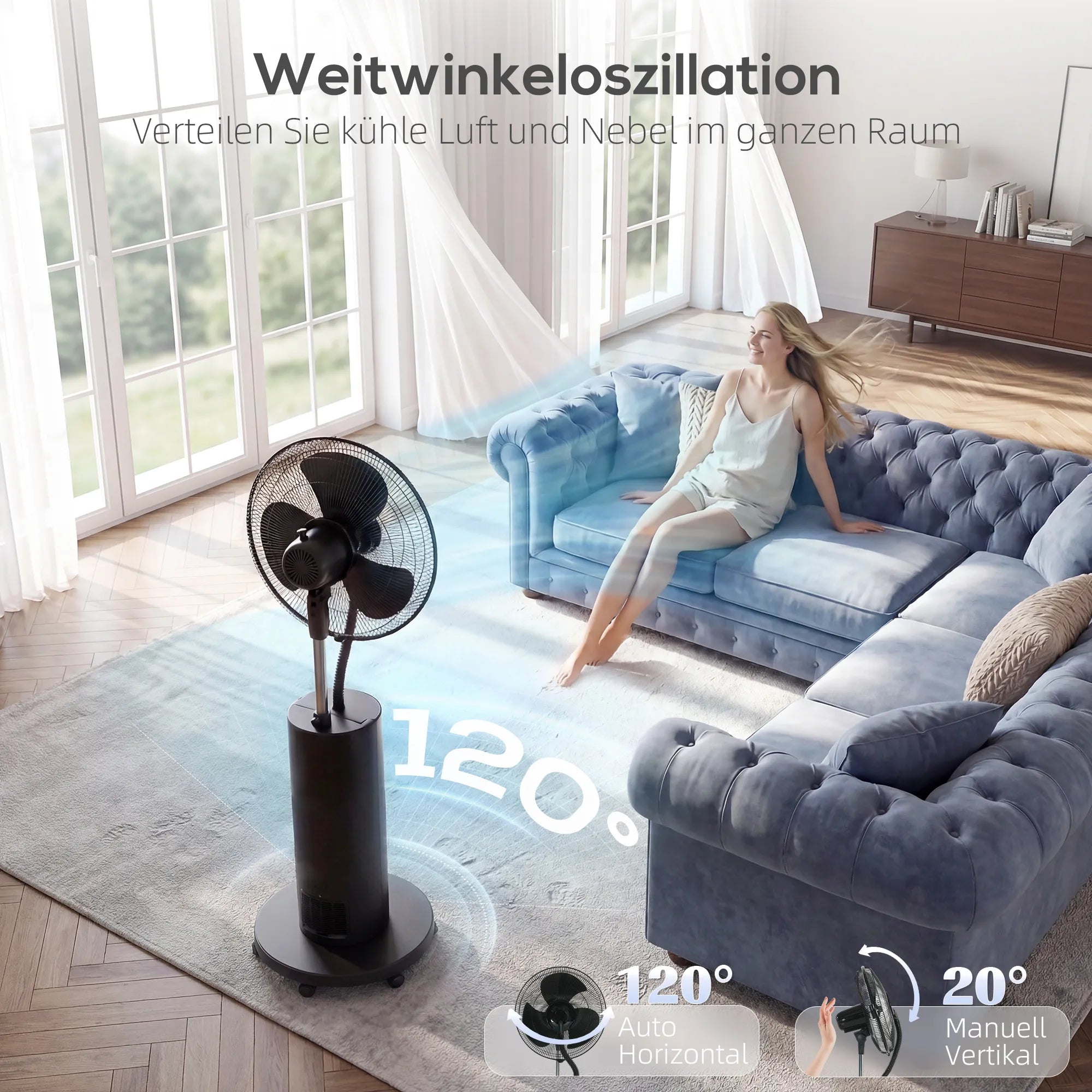 Mobilus ventiliatorius 4-in-1, su drėkinimu, 2,3 l talpa, 100 W, juodas su ratukais