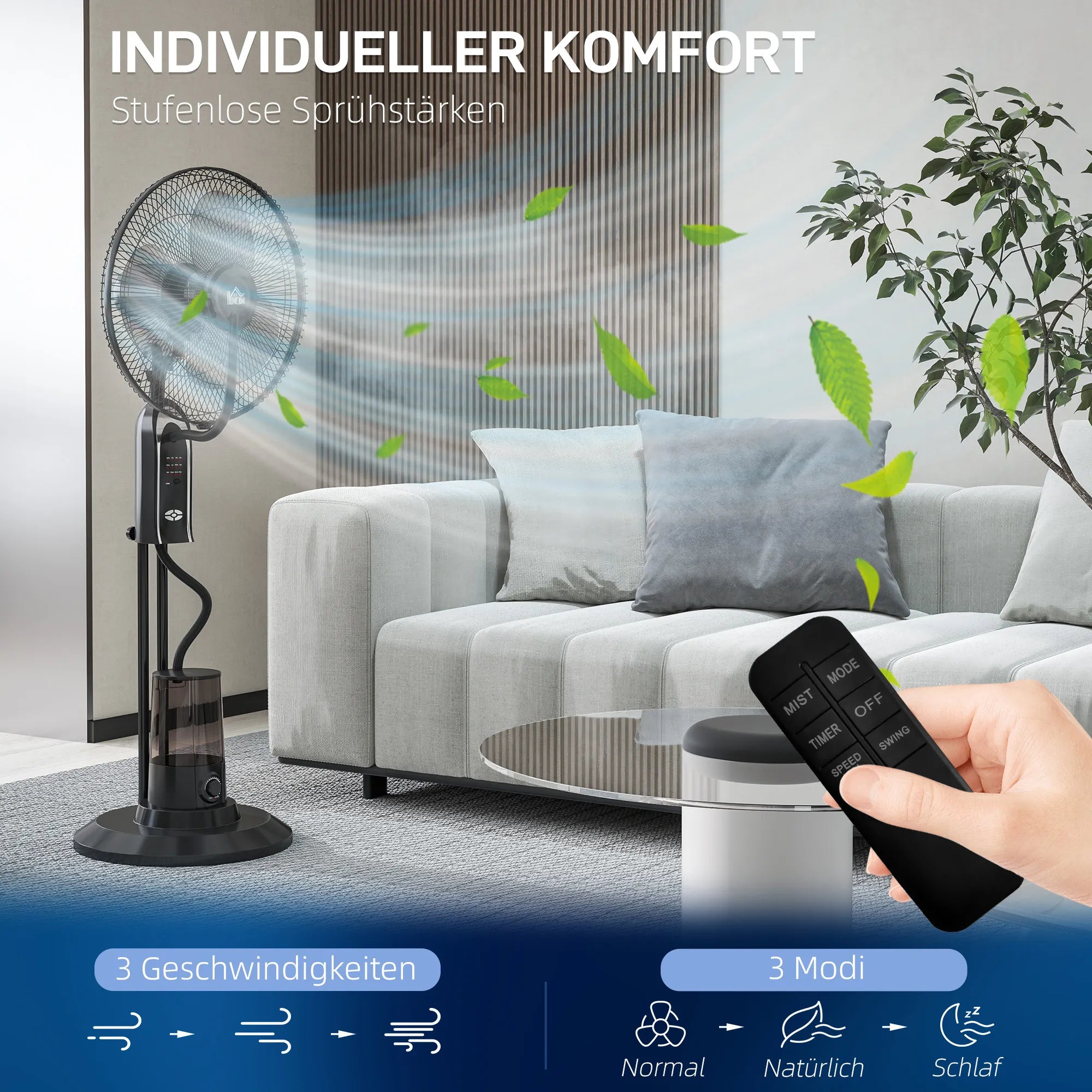 Mobilus ventiliatorius su drėkinimo funkcija, 75W, su nuotolinio valdymo pulteliu, juodas