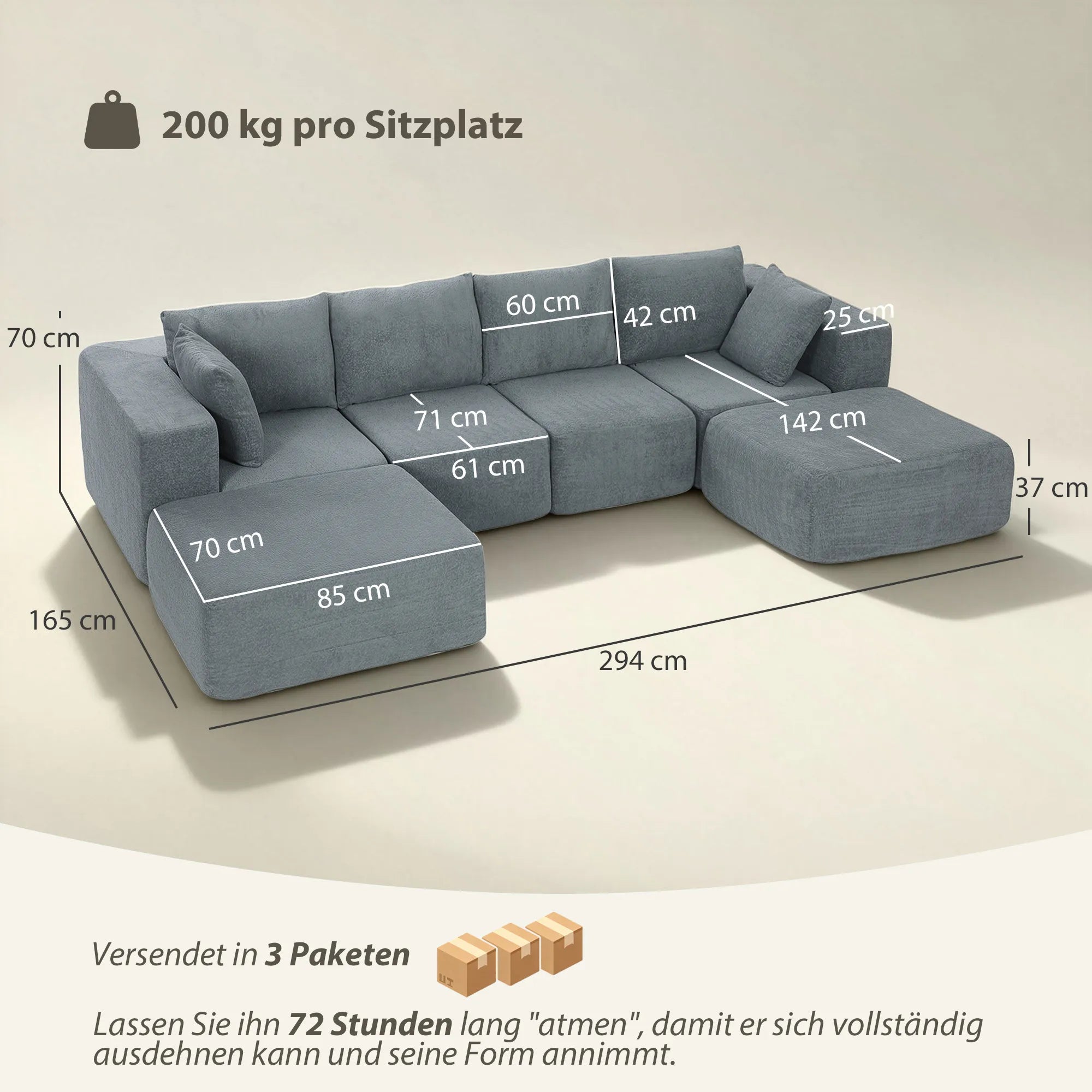 Modulinė kampinė sofa, 6 dalių, tamsiai pilka