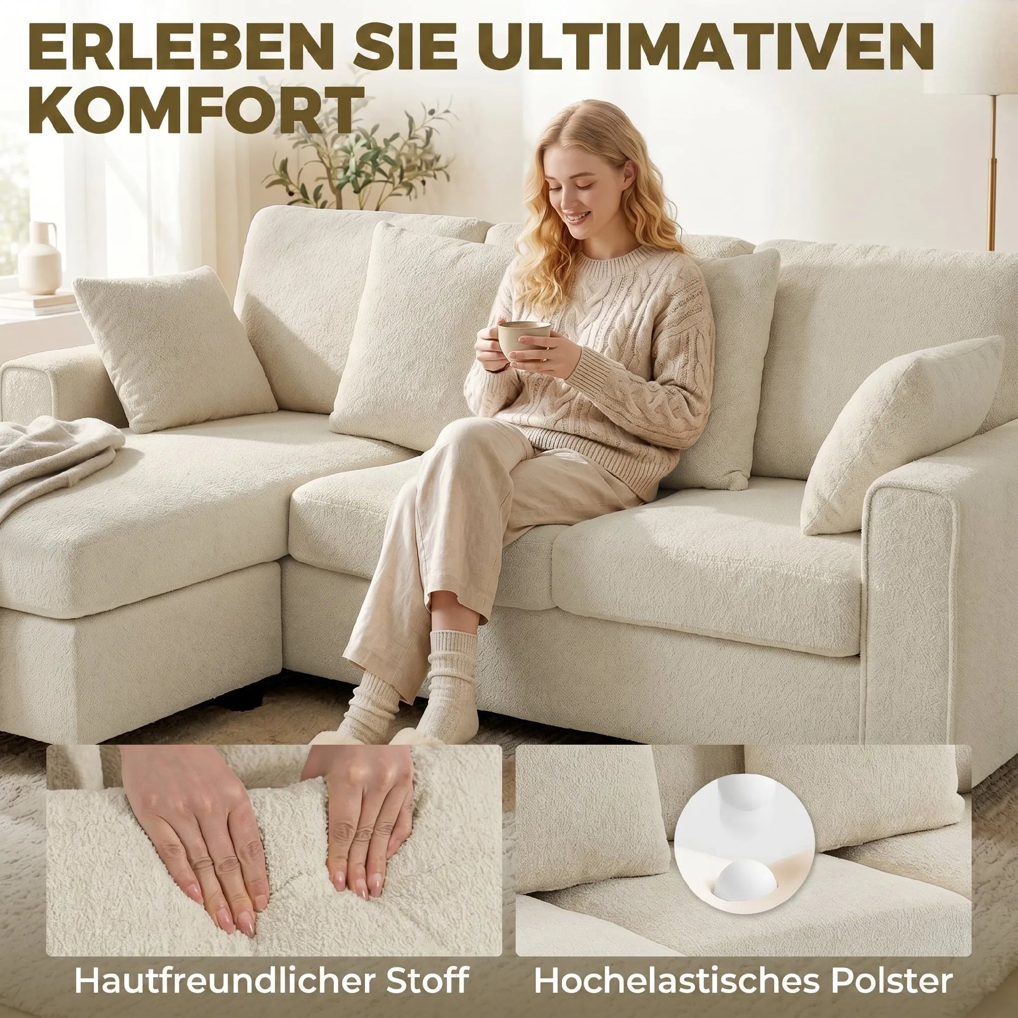 Modulinė sofa L formos sofa-lova, 3 vietų, smėlio spalvos