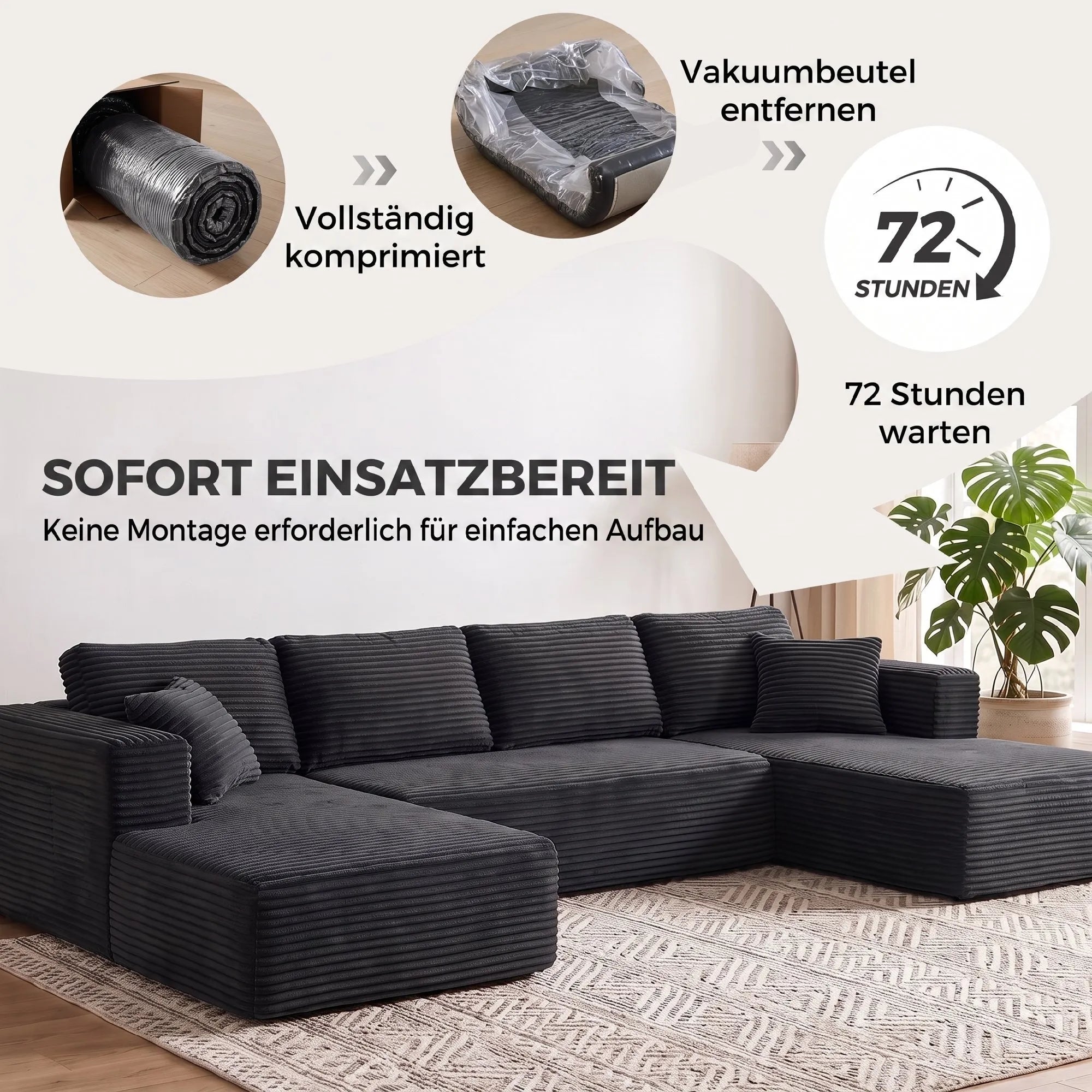 Modulinė U formos sofa su 2 šezlongais, tamsiai pilka