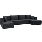 U formos modulinė sofa su šezlongais, matoma minkšta rumbuoto audinio tekstūra