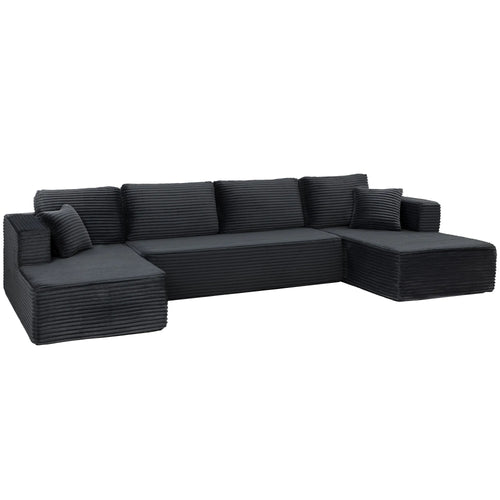 U formos modulinė sofa su šezlongais, matoma minkšta rumbuoto audinio tekstūra