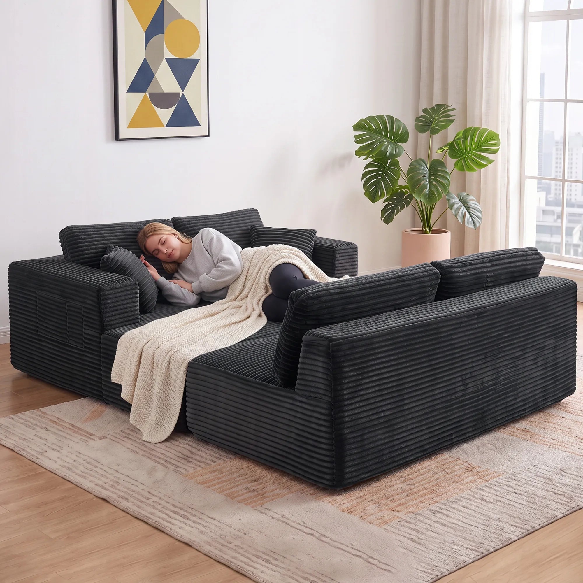 Modulinė U formos sofa su 2 šezlongais, tamsiai pilka